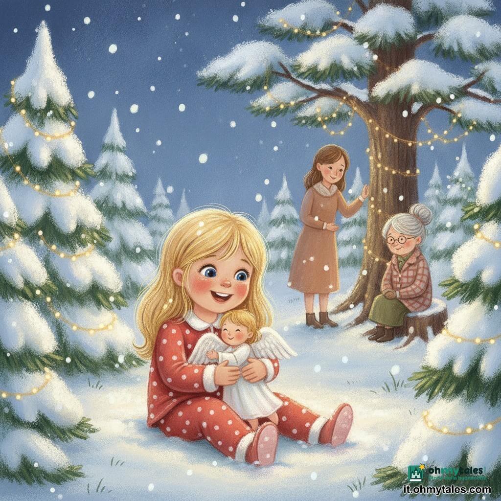 Bambina di 4 anni, gioiosa e sorridente, capelli biondi corti, occhi azzurri, in pigiama rosso a pois bianchi, culla dolcemente un piccolo angelo dalle ali bianche e soffici, corpo minuto da bambola e volto sereno che la guarda sorridendo; la madre di circa 30 anni, capelli castani, in un abito caldo, osserva con tenerezza vicino a un albero illuminato; la nonna di circa 70 anni, capelli grigi raccolti, cappotto a quadri, seduta su una ceppaia innevata, ascolta la ninnananna con un sorriso dolce; ambientazione in una radura forestale notturna coperta di neve, abeti scintillanti, fili di luci calde, cielo stellato e fiocchi che cadono lentamente; scena principale: la bambina seduta su un tappeto di neve morbida tra alberi di Natale illuminati che cullano l'angelo mentre le ghirlande illuminano i loro volti; palette morbida e calda in toni pastello (blu notte, crema, rosso tenue, verde abete), texture da pastello grasso visibili, contorni leggermente sfumati e atmosfera ovattata.