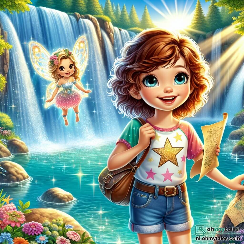 Een 12-jarig meisje, Lotte, staat aan de rand van een prachtige waterval, met glinsterende ogen vol verwondering en vreugde. Ze heeft krullend kastanjebruin haar, een kleurrijk t-shirt met sterrenpatronen en een spijkerbroekshort. In haar hand houdt ze een schatkaart, terwijl haar stralende glimlach haar opwinding voor het avontuur laat zien. Naast haar zweeft een kleine fee genaamd Faye, met glinsterende vleugels en een jurk van bloemblaadjes. Ze heeft blond haar en een glimlachend gezicht, dat Lotte aanmoedigt in haar zoektocht. De omgeving is betoverend: de waterval laat kristalhelder water stromen in een turquoise bassin, omringd door glanzende rotsen en kleurrijke bloemen. Stralen zonlicht breken door de bomen en creëren een magische en uitnodigende sfeer. Lotte, vol vastberadenheid, bereidt zich voor om de mysterieuze wereld om haar heen te verkennen, klaar om de verborgen geheimen achter de waterval te ontdekken.