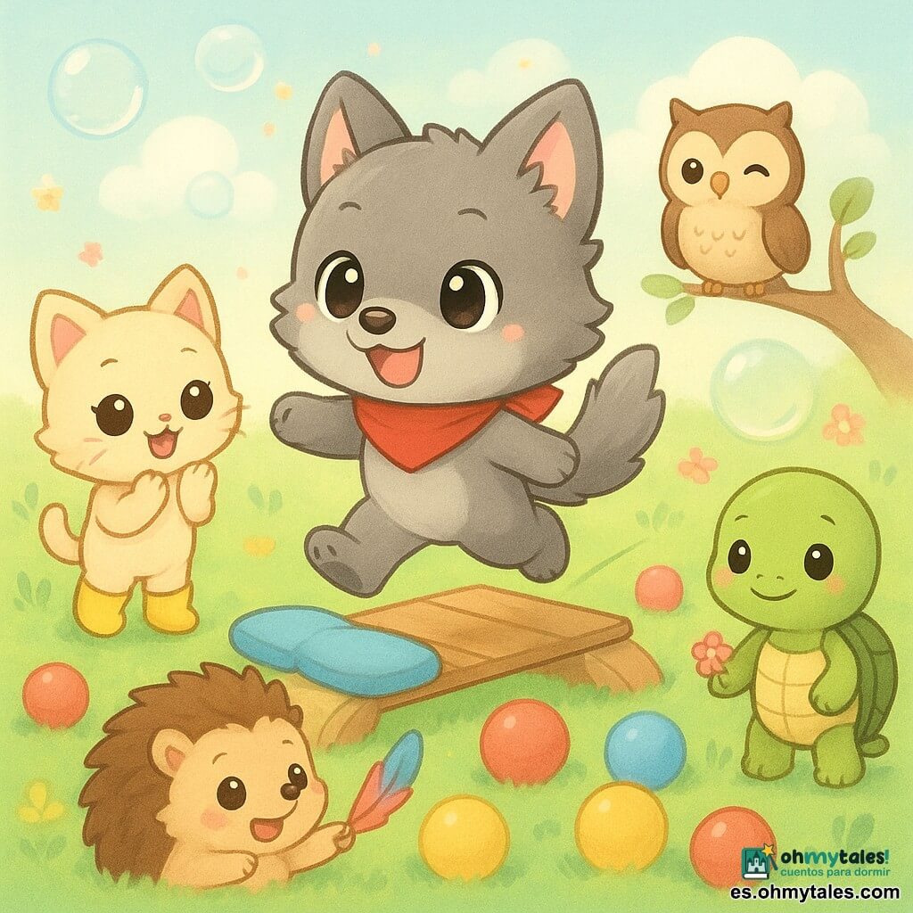 Luno, un pequeño lobo chibi de pelaje gris, grandes ojos redondos, pañuelo rojo y sonrisa decidida, salta sobre una tabla hecha de cojines como un funámbulo; Gata, gata chibi de pelaje crema y botas amarillas, a la izquierda aplaude y salta de alegría; Erizo, pequeño erizo chibi de púas marrón claro, asustado y luego aliviado, atrapado entre bolas de colores y estirando la pata hacia Luno; Señora Tortuga chibi con caparazón verde sostiene una flor y sonríe tranquilamente al fondo a la derecha; Señor Búho chibi de plumaje marrón y crema, ojos sabios, posado en una rama baja y guiña el ojo; pradera luminosa de hierbas pastel y césped verde menta, filas de bolas rebotantes multicolores, pasarela improvisada de tablas y cojines y burbujas translúcidas flotando arriba; situación: desafío lúdico — Luno atraviesa el prado sin tocar las bolas y ayuda al erizo guiándolo con una pluma de colores en una atmósfera alegre, colaborativa y soleada con confeti floral flotante.