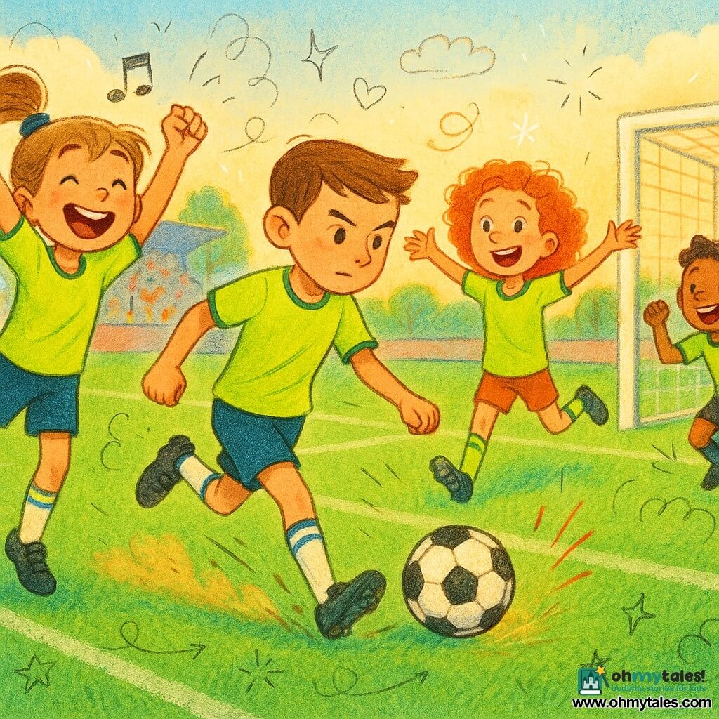 Main girl (Mia, ~11): determined smiling face, light brown ponytail, lime-green jersey, navy shorts, whistling and jumping on the sideline with arms raised, lively encouraging expression; secondary boy (Jesse, ~12): fast player, fair skin, short brown hair, lime-green jersey, running toward goal striking the ball at center field; secondary girl (Emma, ~11): curly red hair, lime-green jersey just behind Jesse with arms out as if signaling, victorious after passing; secondary boy (Sam, ~12): midfielder with olive skin, lime-green shirt celebrating near center line watching Jesse; setting: large bright green grass field with clean white lines, white goals, stands of colorful silhouettes, blue sky with soft clouds and distant trees; moment: final play—Jesse’s shot as keeper dives, spray of turf and dynamic motion, imminent victory feel; graphic style: saturated colors, soft outlines, pencil and light watercolor textures, playful doodles (stars, speed lines, hearts), warm sunset light.