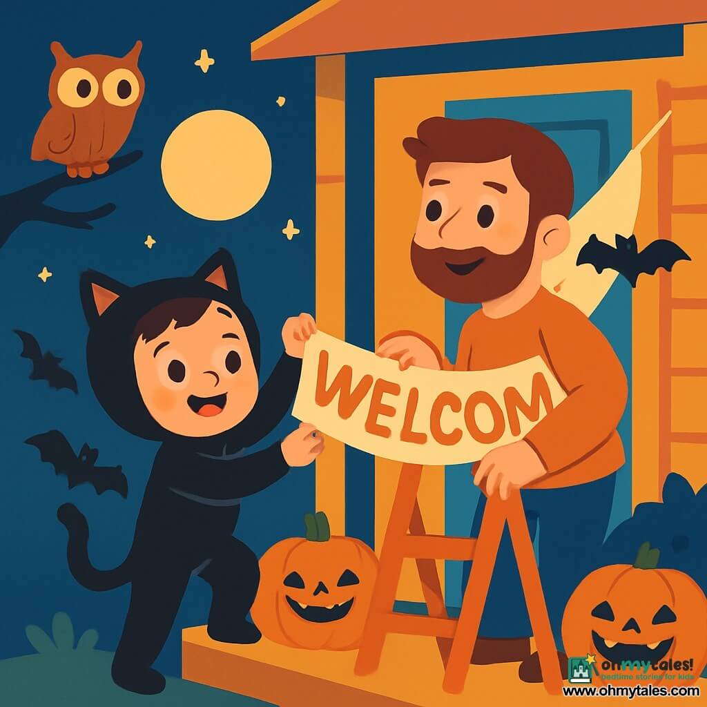 A 4-year-old girl, Mia, is wearing a black cat costume with pointy ears and a swishing tail. She has bright eyes and a big joyful smile, holding a long paper banner that says "Welcome." Next to her, her dad, a man in his thirties with brown hair and a soft beard, holds a small ladder and helps her hang the banner. They are on a porch decorated with smiling pumpkins and paper bats dancing in the wind. The starry night and a round moon softly illuminate the scene. Mia and her dad are hanging the banner while a small owl perched on a tree branch watches them, adding a touch of magic to the Halloween atmosphere.