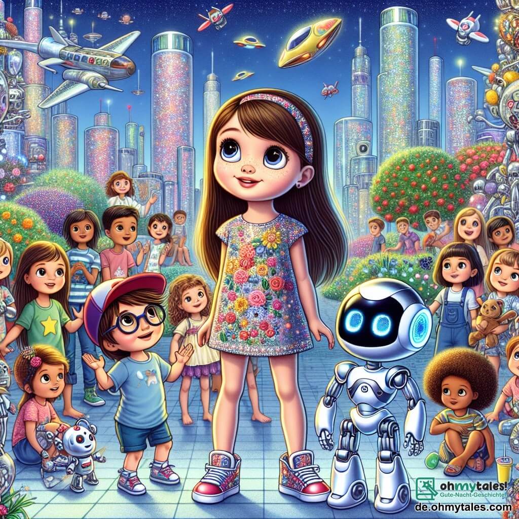 Ein 7-jähriges Mädchen, Mia, mit langen braunen Haaren und neugierigen, funkelnden Augen, steht im Mittelpunkt der Szene und lächelt voller Staunen, während sie eine futuristische Stadt entdeckt. Sie trägt ein buntes Kleid mit Blumenmustern und glänzende Turnschuhe. An ihrer Seite begleitet sie ein kleiner Roboter namens Robo, mit einem silbernen Körper und großen leuchtenden Augen, der lächelt und gestikuliert, um ihr die Wunder der Stadt zu zeigen. Im Hintergrund spielen Kinder unterschiedlichen Alters, darunter ein 8-jähriger Junge mit Brille und Mütze, mit bunten Robotern, während ein 6-jähriges Mädchen mit lockigem Haar mit einem Roboterhund spielt. Der Ort ist eine futuristische Stadt, gefüllt mit schimmernden Glashochhäusern, schwebenden Parks zwischen den Gebäuden und fliegenden Autos, die den blauen Himmel durchqueren. Bäume mit leuchtenden Blättern und mehrfarbige Blumen verschönern die Landschaft und schaffen eine magische Atmosphäre. Die Hauptsituation zeigt Mia und Robo, die zusammen einen schwebenden Markt entdecken, wo Stände mit leuchtenden Früchten und Gemüse in der Luft schweben, während lächelnde Roboter köstliche Gerichte an staunende Passanten servieren.