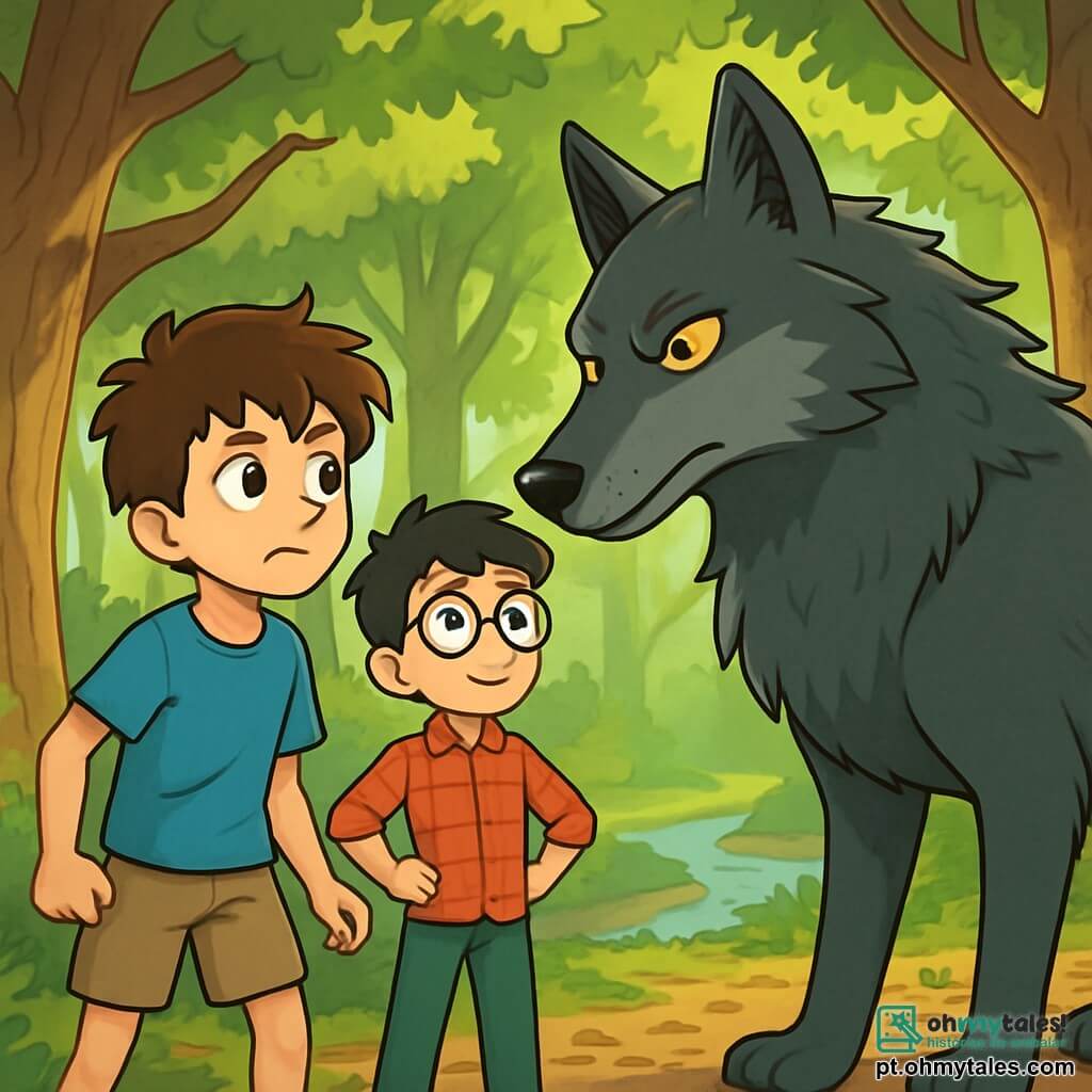 Há 3 personagens: Tomé, um garoto de 11 anos com cabelos castanhos bagunçados e olhos curiosos, vestido com uma camiseta azul e um short bege, à esquerda, olhando para o lobo com uma expressão determinada e um pouco assustada; Miguel, também de 11 anos, com cabelos negros e óculos redondos que escorregam pelo nariz, usando uma camisa xadrez vermelha e calças verdes, à direita de Tomé, com as mãos na cintura e uma expressão corajosa; e o Grande Lobo, uma criatura majestosa com pelagem cinza escura e olhos brilhantes, no centro, inclinado levemente para os meninos, como se estivesse ouvindo suas palavras. A cena se passa em uma floresta densa, com grandes árvores e folhas verdes brilhantes, onde raios de sol criam padrões de luz e sombra no chão coberto de folhas secas. Um riacho murmura ao longe, trazendo uma atmosfera tranquila. Tomé e Miguel estão diante do Grande Lobo, que os observa com curiosidade. Apesar do nervosismo, os meninos demonstram determinação, prontos para enfrentar seus medos e descobrir a verdade por trás da lenda do lobo, criando uma atmosfera tensa e mágica, cheia de promessas de aventura e descoberta.