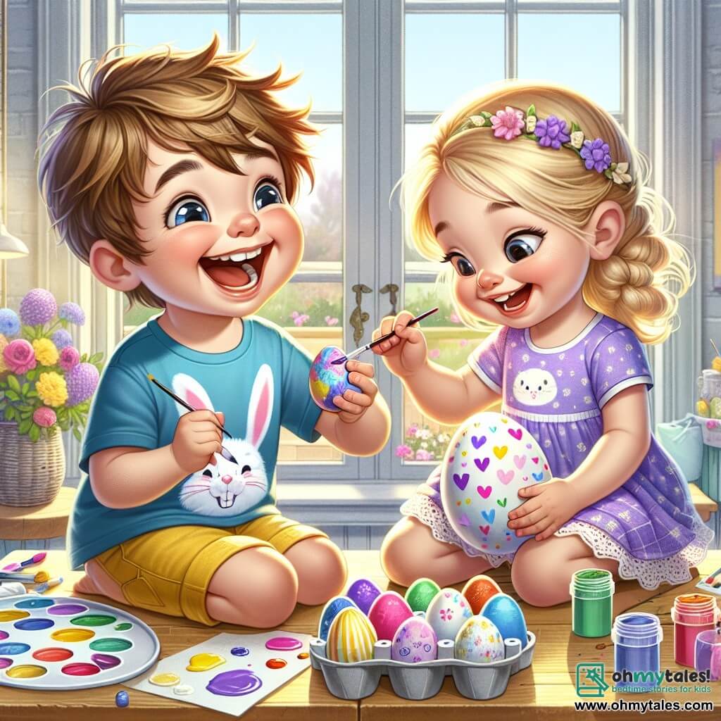 A 6-year-old boy, Oliver, with messy brown hair and sparkling eyes, is painting colorful Easter eggs on a large table. He wears a blue t-shirt with bunny patterns and yellow shorts. Next to him, his 4-year-old sister Lily, with braided blonde hair and a radiant smile, is painting a pink egg with purple hearts while sitting on a small chair, focused on her work. The setting is a bright and welcoming room with sunlight streaming through the windows, colorful flowers on the sill, and scattered paint pots around them. On the table, shiny white eggs await decoration. The main scene shows Oliver and Lily, surrounded by laughter and colors, engaged in the creative and exciting activity of decorating Easter eggs for the surprise they are preparing for the next day.