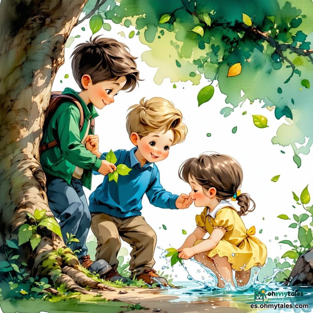 Hay tres niños de unos 5 años: Léo (pelo corto castaño, chaqueta verde) a la izquierda tocando una pequeña hoja brillante en el tronco de un árbol; Tomi (pelo rubio rizado, suéter azul) en el centro sonriendo y salpicando suavemente un charco que refleja el cielo; Dani (pelo castaño claro en dos trenzas, vestido amarillo) a la derecha agachada oliendo una flor amarilla. Están en un parque primaveral con hierba verde, un gran árbol con brotes, una rama baja con un pajarito marrón cantando, un banco de madera y una nube blanca, explorando la primavera con colores luminosos, trazos sencillos y expresiones suaves.