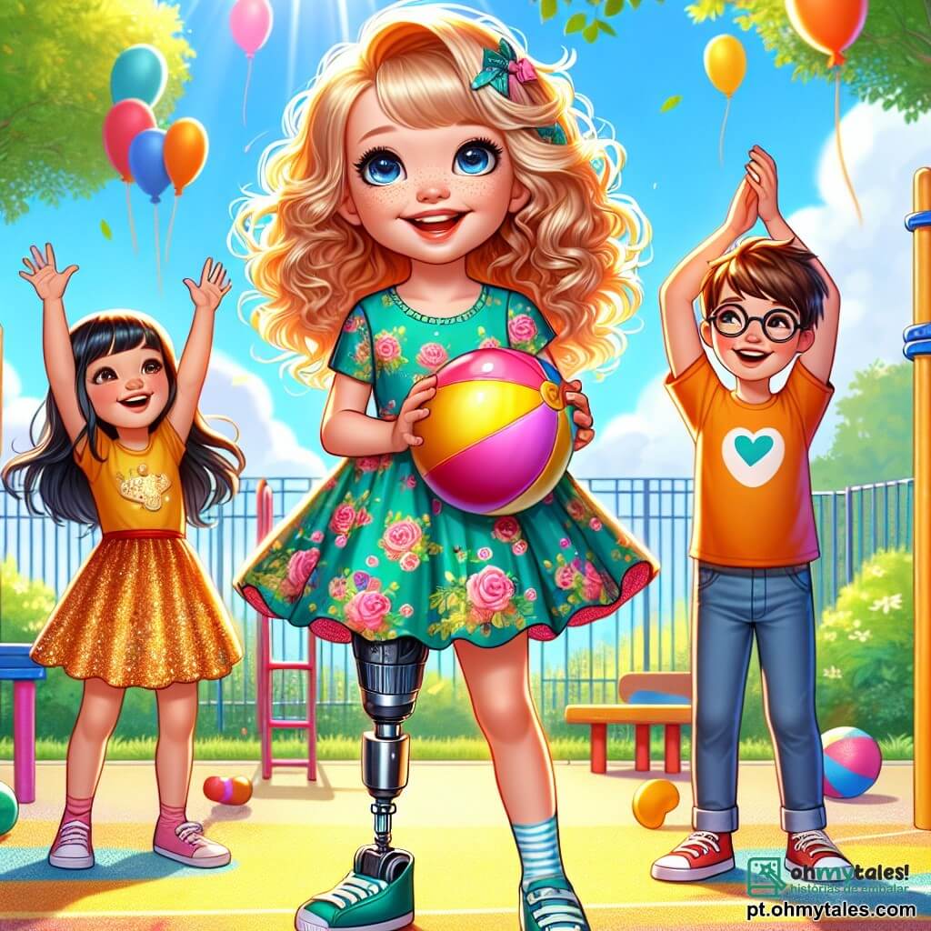 Uma menina de 6 anos, Sofia, com cabelos cacheados e dourados, sorri entusiasticamente enquanto segura uma bola colorida. Ela veste um lindo vestido florido e usa uma prótese na perna, que lhe dá uma aparência dinâmica. Seus olhos brilham de alegria e determinação enquanto se prepara para brincar com os amigos. Ao lado dela está um menino de 6 anos, Lucas, com cabelos castanhos e óculos redondos. Ele sorri e a incentiva, levantando os braços para cima com empolgação. Um pouco mais longe, uma menina de 6 anos, Emma, com cabelos lisos e pretos, aplaude sorrindo, vestindo uma camiseta colorida e uma saia brilhante. A cena acontece em um pátio escolar ensolarado, cercado por grandes árvores verdes e brinquedos coloridos. Balões flutuam no ar, e risadas de crianças ecoam ao redor. Sofia se prepara para participar de uma corrida com os amigos, mostrando sua força e alegria de viver, pronta para enfrentar o desafio e se divertir, cercada de apoio e amizade.