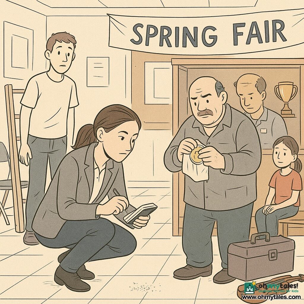 Female detective, calm focused expression, fine features, brown hair tied back, gray jacket and small notebook, crouching before a slightly open glass trophy case examining a small glitter trace on the floor; Mr. Pike, about 50, rugged guilty-looking, large build, worker's coat with toolbox at his feet to the right of the case, holding a brass badge wrapped in cloth; Ethan, about 17, embarrassed but relieved, t-shirt and jeans, holding a folded ladder near the back left; Noor, about 12, small with hair pulled back, violin beside her, curious attentive look, sitting on a bench near the entrance behind the detective; Jules, about 40, worried but grateful, organization badge on his chest, standing by a desk with crumpled papers; interior corridor of a community centre with shiny tiled floor, dusty wooden-and-glass display at the back, "Spring Fair" banner overhead and stacked folding chairs to the sides; main scene: discovery of the missing badge — the detective examines tiny clues (glitter, small plastic), suspect stands nearby, witnesses in the background, tense but calm composition centered on the case and badge.