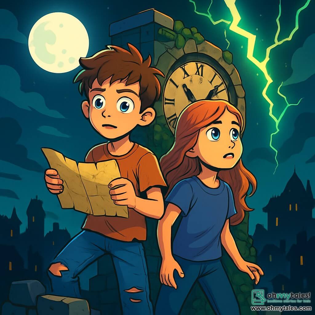 A 12-year-old boy with tousled hair and curious, bright eyes stands atop a crumbling tower, his face marked by worry and determination. He wears a worn t-shirt and torn jeans, holding an ancient map as moonlight illuminates his face. Beside him, a 12-year-old girl with long, wavy hair and striking blue eyes stares at a glowing crack in the sky, her expression a mix of fear and courage. The setting features an old stone clock with rusty gears and ivy-covered walls, overlooking a city shrouded in darkness, where eerie shadows dance around the buildings. The main scene shows the boy and girl ready to confront a magical rift threatening to unleash terrifying creatures, with green lightning streaking across the night sky, creating an atmosphere of tension and adventure.