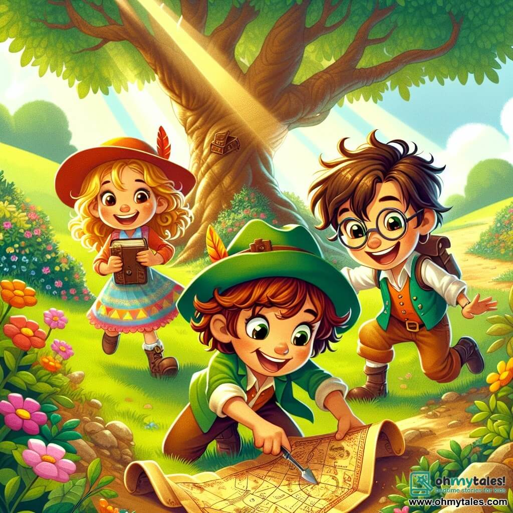 A 10-year-old boy named Oliver, with curly brown hair, wears a bright green explorer hat. His face is lit up by an excited smile as he holds an old treasure map, his eyes sparkling with adventure. Next to him is Mia, a 9-year-old girl with long blonde hair, dressed in a colorful dress and looking curiously at the map. Leo, a 10-year-old boy with messy brown hair and glasses, is bent over the ground, enthusiastically searching around a large oak tree. The scene takes place in a sunny park filled with greenery, colorful flowers dancing in the wind, and a majestic oak tree at the center, where the children are searching for hidden treasure. The atmosphere is joyful and mysterious, with sunlight filtering through the leaves, creating dancing shadows on the ground as the children eagerly dig for a treasure chest, surrounded by the excitement of their adventure.