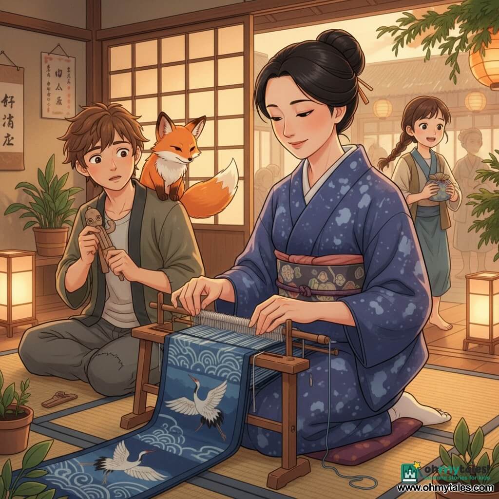 Hana, about 30, with a gentle, focused face and black hair in a simple bun, wears an indigo kimono stained with dye and smiles slightly as she weaves blue and white threads on a small wooden loom; Kaito, about 16, with messy brown hair and a shy, awed expression, sits to her left holding a small wooden fox effigy in patched clothes; a 14-year-old girl with braided hair — the ancestor's granddaughter — arrives at the back right, breathless and smiling with a small cloth-wrapped package. A cat-sized fox spirit, Tama, with glossy reddish fur and white highlights, perches on Kaito’s shoulder, mischievous and calm. The scene is a traditional Japanese room with shōji letting in golden light, a small wooden loom, paper lanterns on the floor, tatami mats, potted plants, and wet cedar branches visible outside; Hana finishes tying an indigo cloth patterned with cranes and waves as a quiet, reverent weaving ceremony unfolds, villagers implied by blurred silhouettes and off-frame lanterns. Warm tones and deep blues, visible fabric textures, soft lighting, and a composition centered on Hana’s hands and the little fox.