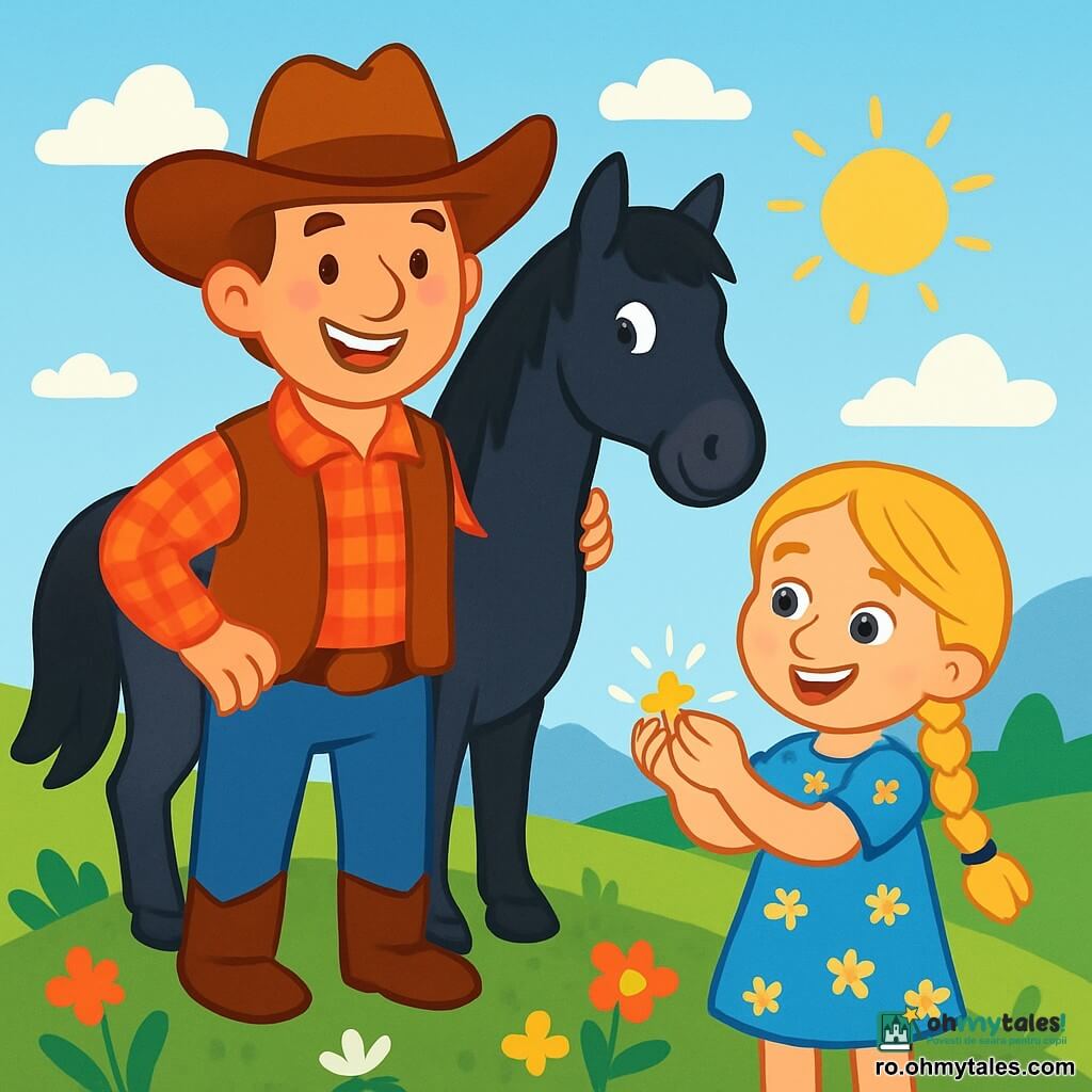 Un cowboy, un bărbat de aproximativ 30 de ani, stă în picioare pe un deal, zâmbind călduros. Poartă o pălărie mare de cowboy maro, o cămașă în carouri roșii și o vestă din piele. Calul său, un animal magnific negru cu coamă strălucitoare, stă lângă el, observând cu atenție împrejurimile. O fetiță de 7 ani, cu părul blond împletit și o rochie albastră cu flori, se află chiar în fața lui. Are o față veselă și ține un pandantiv mic strălucitor în mâini. Peisajul este un câmp vast verde, presărat cu flori sălbatice colorate, cu un cer albastru deschis și câteva nori albi pufoși. La orizont, munți măreți se ridică sub soarele strălucitor. Situația principală arată cowboy-ul și fetița bucurându-se de găsirea pandantivului pierdut, înconjurați de frumusețea naturii. Ei împărtășesc un moment de fericire și prietenie, ilustrând magia întâlnirilor în Vest.