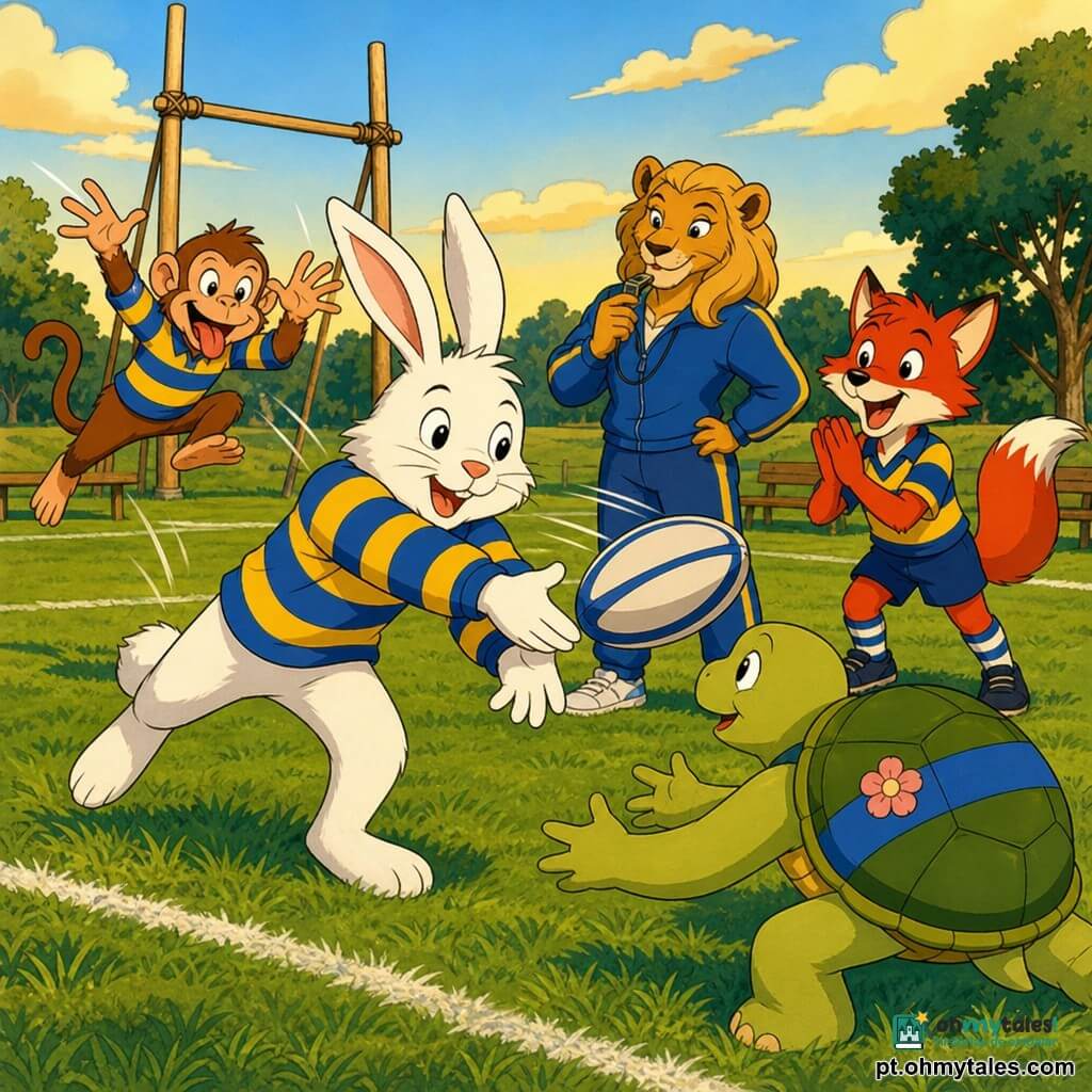 Um pequeno coelho antropomórfico chamado Tomás, pelagem branca macia, orelhas longas erguidas, vestindo uma camisola grossa listrada azul e amarela, expressão alegre e concentrada, lançando uma passe de rugby com as duas patas dianteiras, corpo inclinado em movimento fluido; a tartaruga Lara, carapaça verde clara com uma faixa azul e uma flor pequena, olhar doce, ligeiramente agachada para receber a passe, logo atrás de Tomás; o macaco Rui, pelo castanho claro, rosto travesso, saltitando ao fundo e fazendo uma careta cômica com os braços no ar para incentivá‑lo; a leoa Marta, grande e robusta, pelagem dourada e expressão profissional, segurando um apito na lateral do campo; a raposa Sara, ruiva de olhos vivos, aplaudindo à direita de Tomás com a cauda erguida e sorriso brilhante; campo gramado bem cuidado com linhas brancas, pequenos golos de madeira, algumas árvores e bancos ao fundo, céu azul com nuvens suaves e luz quente de fim de tarde; situação: treino infantil de rugby, momento dinâmico em que Tomás passa a bola para um colega, muitos movimentos, traços de velocidade sutis e atmosfera de cooperação e alegria.