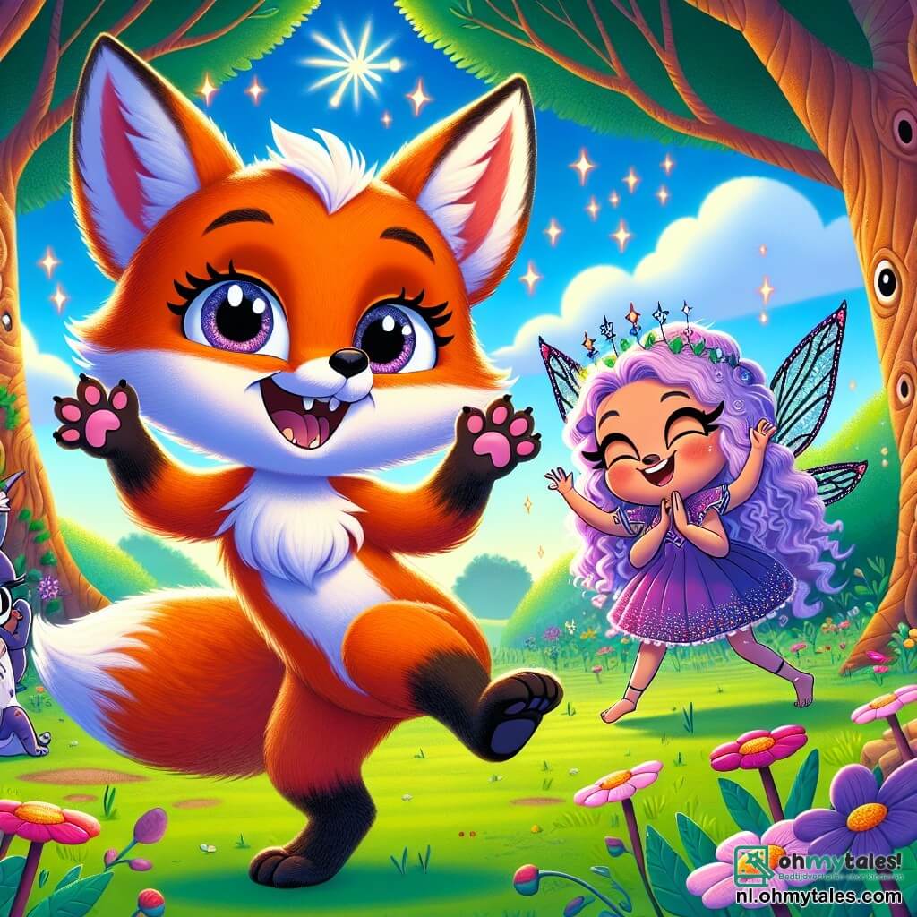 In het midden van de afbeelding danst Vicky, een speelse kleine vos met een feloranje vacht en sprankelende ogen, vrolijk met een grote glimlach op haar gezicht. Haar poten zijn in de lucht geheven en ze lijkt vol energie en klaar om plezier te maken. Naast haar lacht Lila, een kleine fee met glinsterende vleugels en gekruld lavendelkleurig haar, hardop, haar ogen stralend van vreugde. Ze klopt in haar handen op de maat, omringd door kleine magische vonkjes die om haar heen zweven. Op de achtergrond probeert Serafina, een grote spin met een zwart lichaam en lange elegante poten, een onhandige dans, met een uitdrukking die zowel geconcentreerd als amuserend is. Ze staat iets achteraf, maar haar enthousiasme is voelbaar. De setting is een prachtig groen veld in het koninkrijk Snoezelwoud, bezaaid met kleurrijke bloemen die dansen in de wind. Majestueuze bomen met knoestige stammen rijzen om hen heen op en de lucht is helderblauw met donzige wolken. De hoofdscène toont Vicky, Lila en Serafina die volop dansen, hun vriendschap en overwinning op de gemene spin vierend in een vrolijke en feestelijke sfeer, vol gelach en magie.