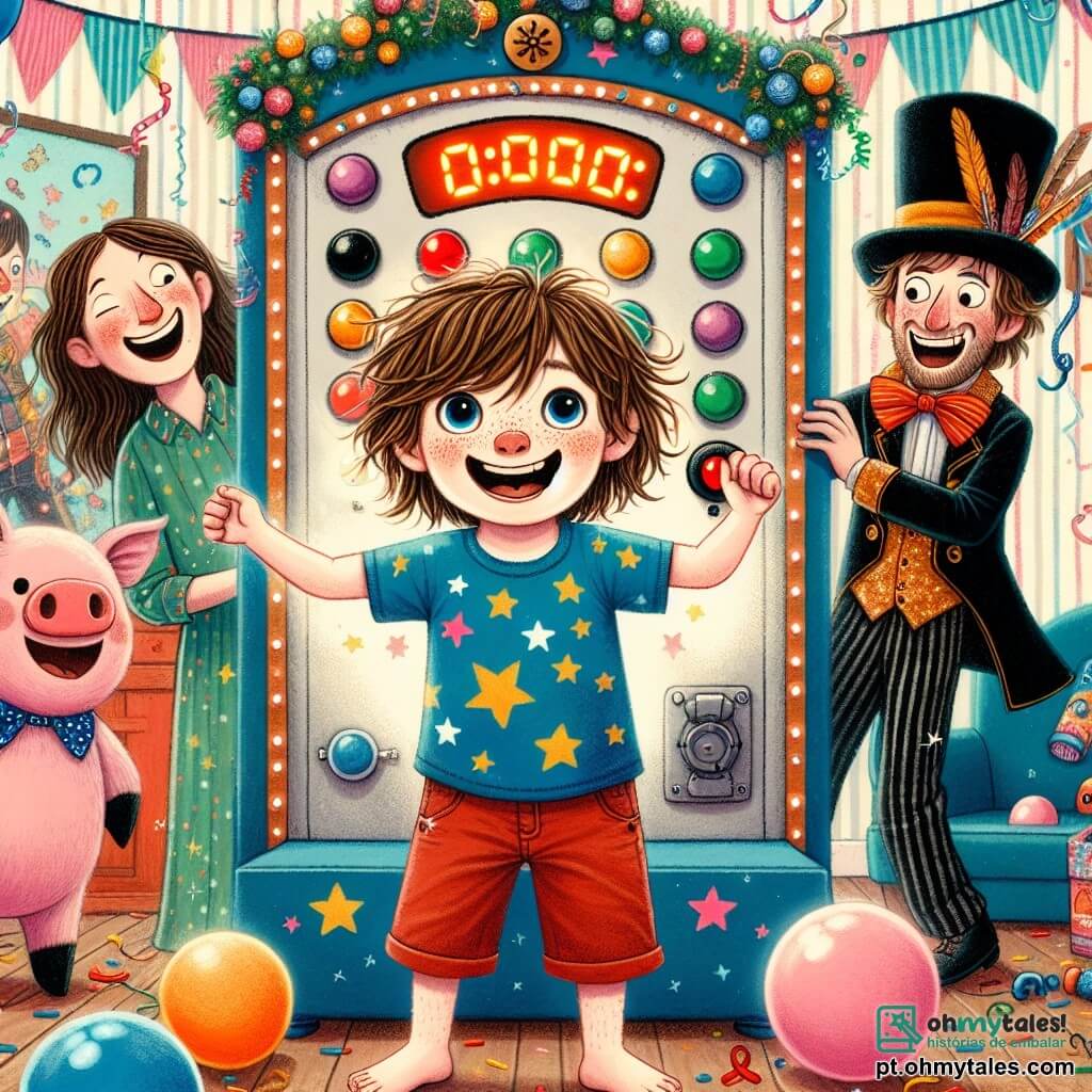 Um garotinho de 4 anos, Léo, com cabelos castanhos bagunçados e um grande sorriso, está no centro da imagem, em pé diante de uma máquina colorida que pisca e emite sons engraçados. Ele usa uma camiseta azul com estrelas e um short vermelho, seus olhos brilham de excitação enquanto aperta um botão da máquina. À sua direita, sua mãe, uma mulher de cerca de 30 anos, está fantasiada de pirata com um chapéu preto adornado com penas e um lenço colorido. Ela faz uma careta engraçada, com os braços abertos, como se estivesse pronta para dançar. À sua esquerda, seu pai, um homem de cerca de 35 anos, veste um traje de porquinho com grandes orelhas, rindo enquanto salta alegremente. A cena acontece em uma sala acolhedora, cheia de balões coloridos flutuando no teto e guirlandas brilhantes. Brinquedos estão espalhados pelo chão, e uma luz suave ilumina o ambiente, criando uma atmosfera festiva. A situação principal mostra Léo, cercado pelos pais, rindo enquanto a máquina mágica transforma seu cotidiano em uma festa hilária, com fantasias surpreendentes e momentos de alegria compartilhada.