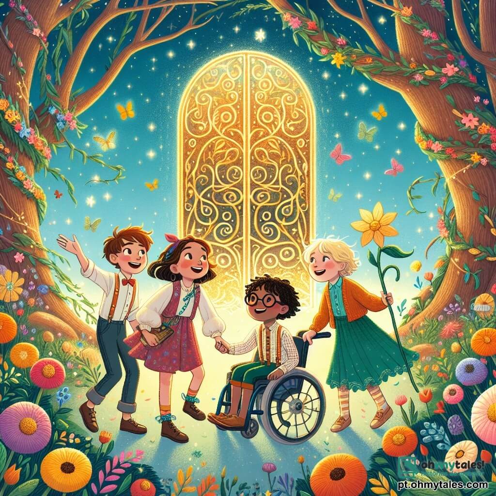 Quatro amigos estão reunidos: Ana, uma menina de 8 anos com cabelos castanhos e óculos, sorridente e cheia de energia, está à esquerda, apontando para uma porta mágica cintilante. Ao lado dela, Pedro, um garoto de 7 anos com cabelos loiros e olhos brilhantes, observa a porta com admiração. Lúcia, uma menina de 9 anos com tranças negras e um vestido colorido, está recolhendo folhas do chão, pronta para construir uma passarela. Por fim, Tomás, um garoto de 8 anos em cadeira de rodas, sorri alegremente, segurando uma grande folha nas mãos. O local é um jardim encantado, repleto de flores multicoloridas que dançam suavemente ao vento, com árvores de troncos tortos e folhas brilhantes. No centro, a porta mágica, adornada com padrões dourados, emite um brilho suave e misterioso, cercada por um arco-íris radiante que se estende pelo céu azul. A cena principal mostra os amigos unidos, prontos para atravessar o jardim em direção à porta mágica, com expressões de empolgação e curiosidade em seus rostos, simbolizando seu espírito de aventura e amizade.