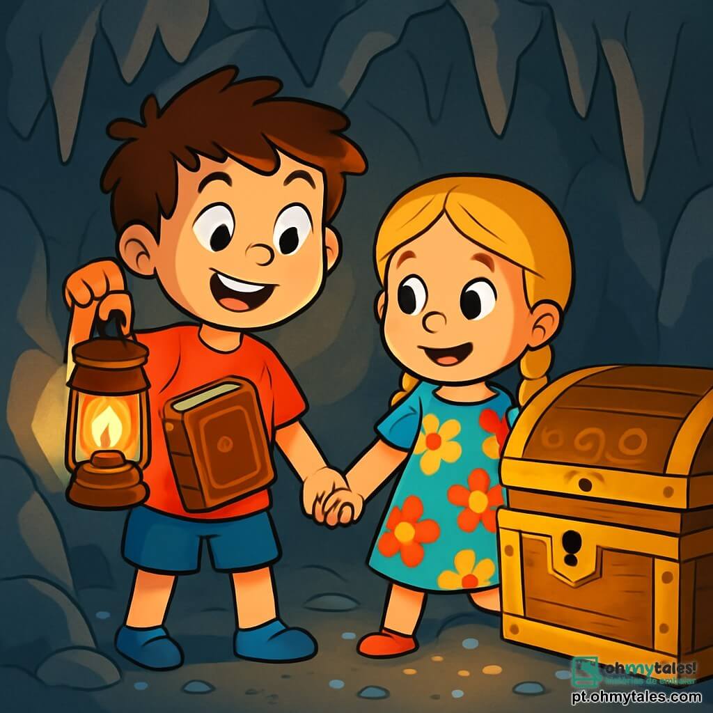 Há 2 personagens principais: João, um menino de 6 anos com cabelo castanho bagunçado, vestindo uma camiseta vermelha e um short azul, segurando uma lanterna em uma mão e um livro velho na outra, com um sorriso de empolgação; e Sara, uma menina de 6 anos com cabelo loiro trançado, usando um vestido florido, olhando para o baú velho com olhos brilhantes de curiosidade, segurando a mão de João. A cena ocorre em uma caverna misteriosa, com paredes de pedra cinza e estalactites no teto, iluminada pela lanterna que projeta sombras dançantes. No fundo da caverna, um grande baú de madeira, antigo e decorado com padrões dourados, está ligeiramente aberto, deixando entrever um brilho. João e Sara estão em frente ao baú, com rostos iluminados pela luz da lanterna, prontos para descobrir o tesouro escondido e resolver um enigma para abri-lo.
