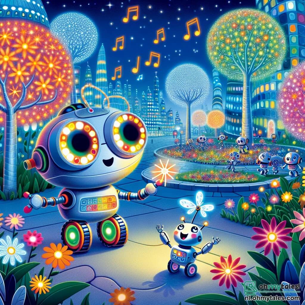Bliep, een klein robot met grote ronde ogen en kleurrijke wielen, staat in het midden van een prachtige, heldere tuin met een verwonderde glimlach op zijn gezicht. Zijn metalen panelen schitteren in het licht van de bloemen die felle kleuren uitstralen in de nacht. Naast hem vliegt Klik, een blije kleine drone met doorzichtige vleugels, in cirkels om Bliep heen en maakt blije geluiden terwijl hij foto's van de scène maakt. De tuin ligt in de futuristische stad Zonnelicht, waar de bolvormige huizen schitteren als sterren en de zilveren straten het licht van de bloemen weerkaatsen. Muzikale bomen met vibrerende bladeren dansen zachtjes in de wind, wat een magische sfeer creëert. De belangrijkste situatie toont Bliep en Klik die hun creatie bewonderen, een prachtige tuin van heldere bloemen die de nacht verlicht, terwijl andere nieuwsgierige robots dichterbij komen om hun werk te bewonderen en hun waardering te uiten.