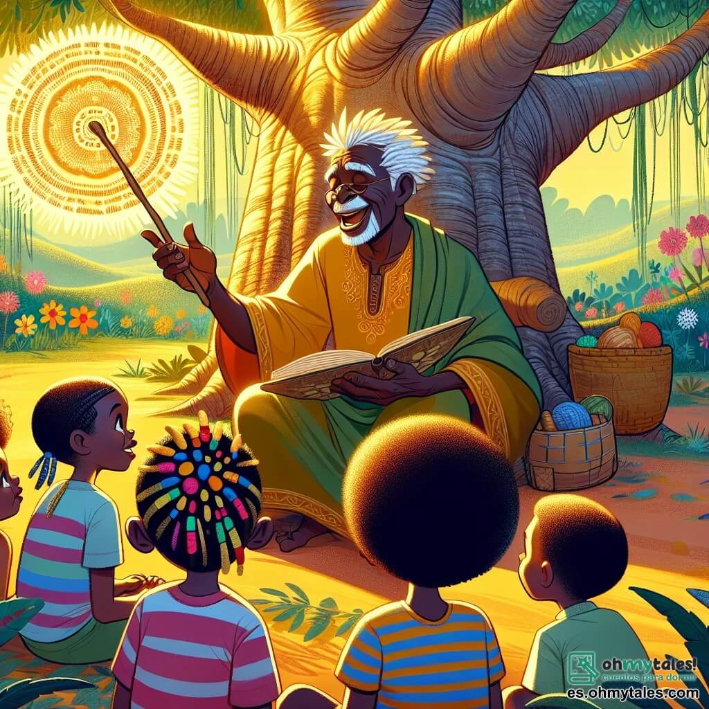 Un hombre sabio llamado Kofi, de unos 60 años, con cabello blanco como la nieve y piel oscura, sonríe cálidamente. Está sentado bajo un gran baobab, sosteniendo un bastón de madera tallada, su rostro expresa serenidad y sabiduría. A su lado, un grupo de niños, una niña de unos 8 años con trenzas coloridas y un niño de 7 años con una camiseta a rayas, escuchan atentamente, sus ojos brillan de curiosidad. El lugar es un claro verde, bañado de luz dorada, rodeado de árboles majestuosos y flores brillantes. En el centro de la escena, Kofi cuenta una historia cautivadora, sus brazos se extienden como si pintara imágenes en el aire, mientras los niños, maravillados, se acercan para no perderse sus palabras.