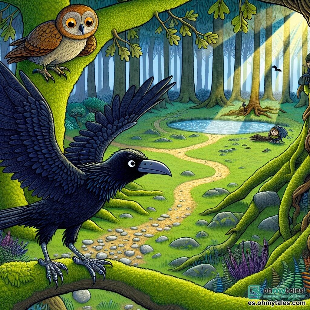 Un cuervo llamado Cuervo Gris, con plumaje negro brillante y ojos chispeantes de curiosidad, está posado en una rama de un viejo roble. Despliega sus alas con emoción, listo para volar hacia lo desconocido. Cerca, un sabio búho de plumas marrones y grandes ojos redondos observa a Cuervo Gris con aire preocupado, sentado en otra rama. El lugar es un bosque denso, donde los rayos del sol filtran a través de las hojas verdes, creando patrones de luz y sombra sobre el suelo cubierto de musgo. Cuervo Gris duda entre tres caminos misteriosos: uno bordeado de sauces llorones, otro que bordea una laguna brillante y el último que sube hacia una colina resonante. La atmósfera es mágica e intrigante, llena de promesas de aventura.