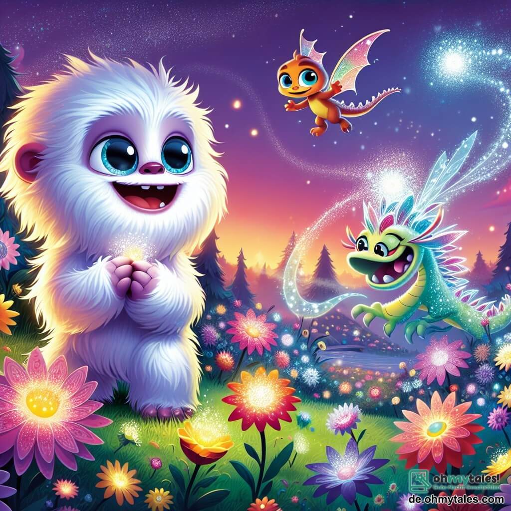 Ein kleiner Yeti namens Flocki, mit weißem, flauschigem Fell, neugierigen Augen und einem breiten Lächeln, steht im Mittelpunkt der Szene und ist von der Schönheit eines Feldes magischer Blumen begeistert. An seiner Seite fliegt ein kleiner Drache namens Funki, mit schimmernden, bunten Schuppen und schelmischen Augen, fröhlich durch die Luft, während seine durchsichtigen Flügel im Mondlicht glänzen. Der Ort ist eine weite nächtliche Wiese, erleuchtet von einem sternenklaren Himmel, wo blühende, leuchtende Blumen sanft im Wind tanzen, ihre lächelnden Gesichter und glänzenden Blütenblätter verleihen der Umgebung einen Hauch von Magie. Die Hauptsituation zeigt Flocki und Funki, die die Schönheit dieser verzauberten Welt entdecken, mit Blumen, die Geschichten flüstern, und einem spürbaren Abenteuergefühl in der Luft.