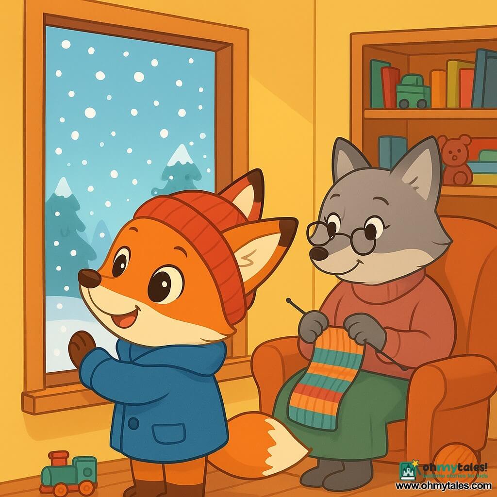 A small orange fox named Freddy, with big bright eyes and a cheerful smile, stands in front of a window, pressing his nose against the glass. He wears a large blue coat and a red woolen hat, his pointy ears joyfully sticking out. Next to him, his grandmother, a grey vixen with soft fur, sits in a cozy armchair, knitting a colorful scarf, looking tenderly and proudly at Freddy. The setting is a warm apartment with pastel yellow walls, shelves filled with books, and toys scattered on the floor, while a soft golden light filters through the window, illuminating the falling snow outside. The main scene shows Freddy, amazed by the winter landscape, ready to share his old toys and winter clothes with other animals in need, symbolizing generosity and warmth in winter.