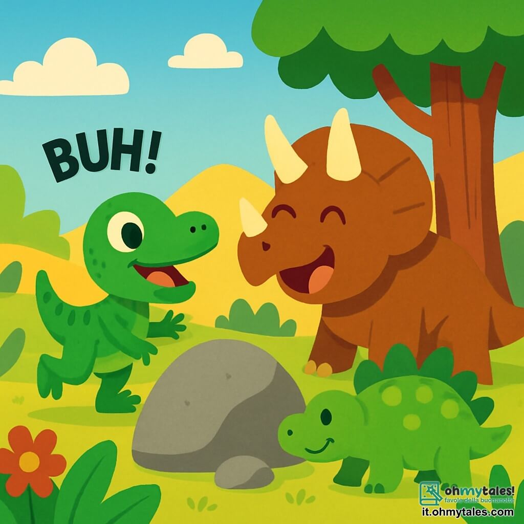 Un piccolo velociraptor di nome Rapi, con scaglie verdi brillanti e occhi scintillanti di gioia, corre allegramente attraverso una valle soleggiata. Ha un ampio sorriso sul volto e le sue piccole zampe si muovono rapidamente. Accanto a lui, un grande triceratopo di nome Dino, con tre corna imponenti e una pelle marrone, ride guardandolo, mentre si tiene vicino a un albero maestoso. Un stegosauro di nome Tino, con placche verdi sulla schiena e un'aria amichevole, cammina lentamente dietro di loro, osservando il gioco. La valle è piena di grandi foglie verdi, fiori colorati e sassi lisci, sotto un cielo blu splendente. Rapi, Dino e Tino giocano a nascondino, Rapi si nasconde dietro un grosso sasso, pronto a sorprendere i suoi amici con un grande "Buh!" pieno di entusiasmo.