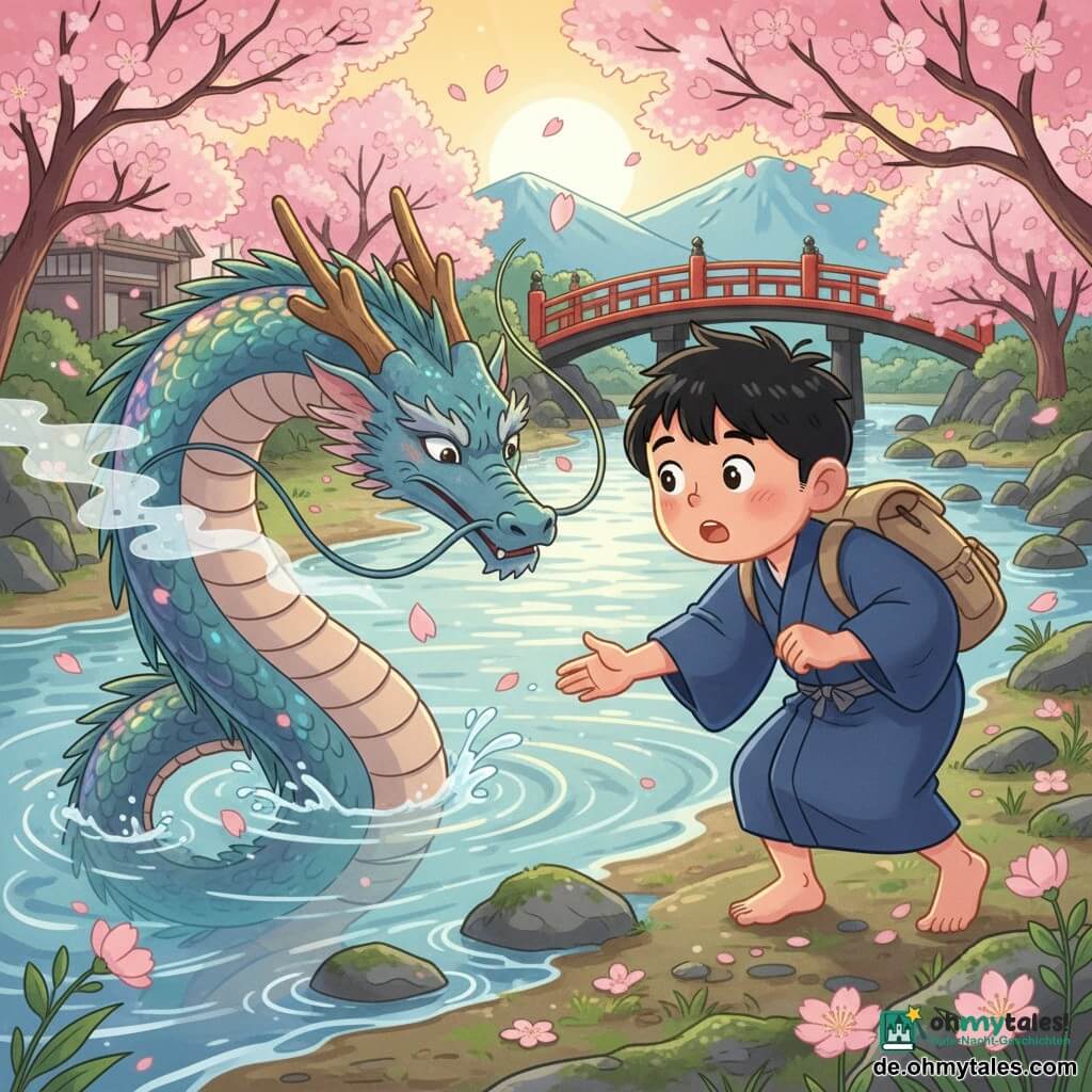 Ein junger Mann (Hiroshi) mit rundem Gesicht, zerzaustem schwarzem Haar und erstaunten, verwunderten Blick, nach vorn gebeugt und mit einer Hand dem Wasser entgegen, trägt einen einfachen indigo-blauen Kimono, einen Leinensackrucksack und steht barfuß am schlammigen Ufer; ein großer Wasserdrache (Ryūjin), teils aus dem Fluss auftauchend, mit irisierenden, regenbogenfarbenen Schuppen, sanften, weisen Augen, hauchähnlichem, pigmentiertem Atem und einem schlängelnden Körper, der Wellen erzeugt; Umgebung: japanisches Ufer im Morgengrauen mit rosa blühenden Kirschbäumen, fallenden Blütenblättern, moosbedecktem Stein, einem roten Holzbrückenhintergrund, bläulichen Bergen in der Ferne und silbernen Spiegelungen im Wasser; Hauptszene: magische Begegnung am Flussufer, ein schwebender Moment, kräftige Kontraste, goldenes Morgenlicht, stilisierte Spritzer und schwebende Blütenblätter zur Verstärkung des Staunens; Grafikstil: klare Linien, einfache lesbare Formen, flächige gesättigte Palette, weiche Texturen für Wasser und Blumen, klare warme Gesichtsausdrücke.