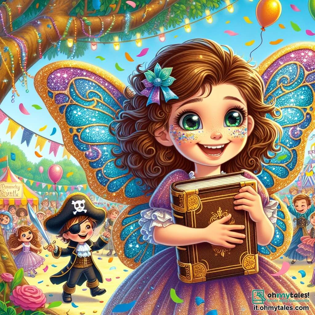 Una bambina di 9 anni, Nina, si trova al centro dell'immagine, raggiante di gioia, con ali di farfalla scintillanti in blu e viola, i suoi capelli castani ricci che fluttuano nel vento. Sorride con occhi brillanti di eccitazione, tenendo un vecchio libro di pelle tra le mani, circondata da colori vivaci e coriandoli. Accanto a lei, il suo fratellino Luca, di 6 anni, è travestito da pirata, con una benda nera sull'occhio e un sorriso malizioso. Brandisce una spada di plastica, pronto per l'avventura. Sullo sfondo, il parco di Colori è decorato per il carnevale, con alberi adornati di ghirlande colorate, fiori vivaci e bambini travestiti che danzano e ridono. La scena mostra Nina e Luca che scoprono il libro di fiabe ai piedi di un grande albero, circondati dai loro amici, tutti catturati dall'avventura che li attende.