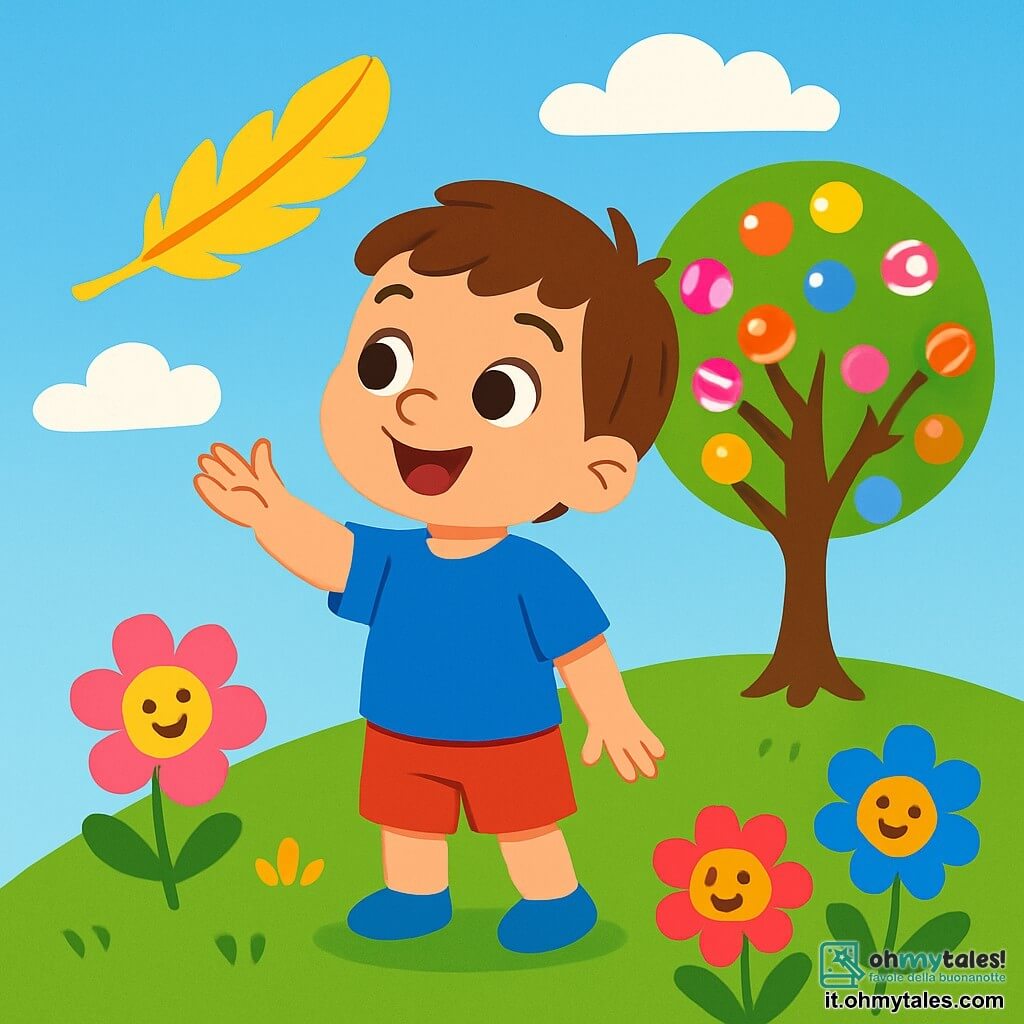 Un bambino di 2 anni, di nome Luca, con capelli castani e occhi pieni di curiosità, sorride meravigliato tenendo in mano una piuma dorata brillante. Indossa una maglietta blu e pantaloni corti rossi, ed è in piedi su una collina verde. Accanto a lui, un albero di caramelle colorato, con rami carichi di dolci multicolori, sembra danzare nel vento, aggiungendo un tocco di magia alla scena. Il cielo è di un blu splendente, punteggiato di nuvole bianche e soffici, e fiori colorati con facce sorridenti circondano Luca, cantando gioiosamente. La scena principale mostra Luca, meravigliato, pronto a seguire la piuma dorata che fluttua nell'aria, invitandolo a scoprire un mondo fantastico pieno di dolcezze e colori vivaci.