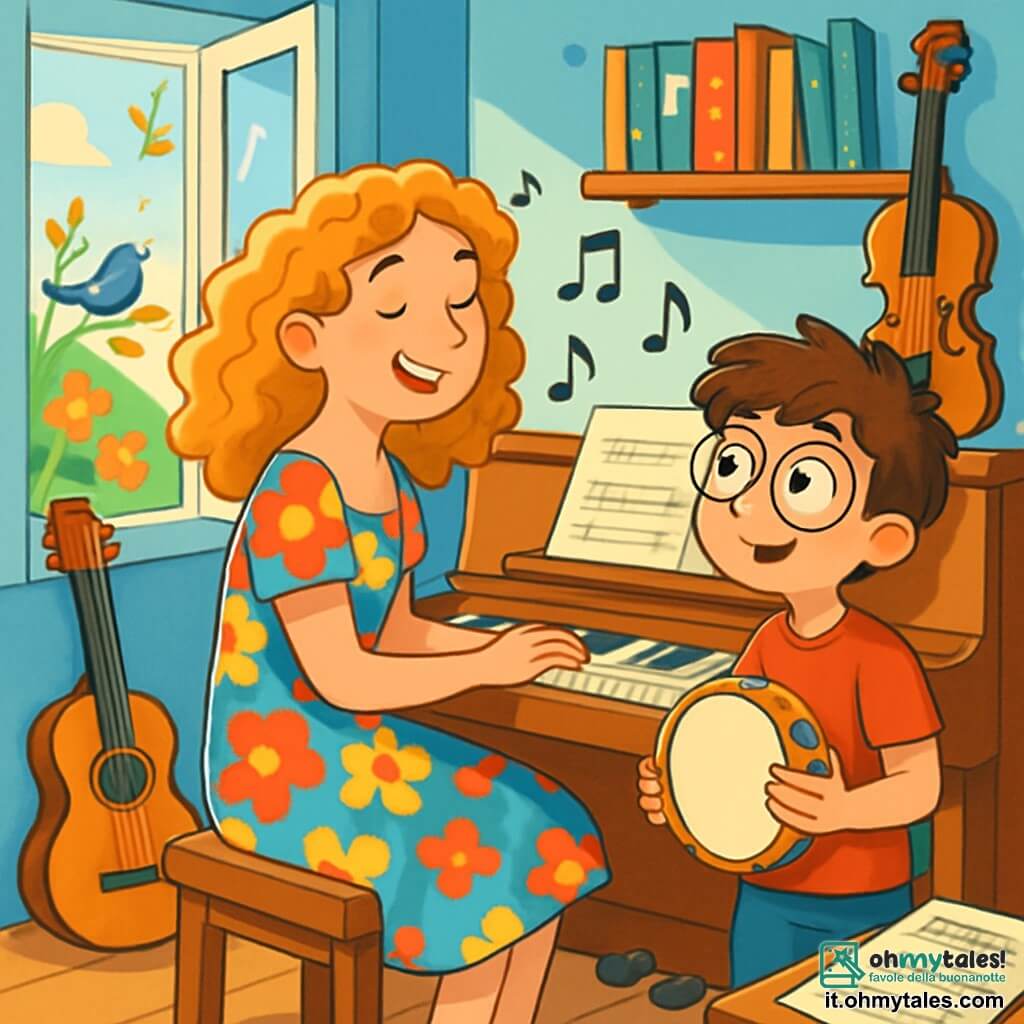 Martina, una giovane donna dai capelli ricci e dorati, è seduta davanti a un pianoforte di legno, il suo viso splendente di gioia e creatività. Indossa un vestito colorato a fiori che danza attorno a lei mentre compone una melodia. Accanto a lei, Luca, un ragazzo di 8 anni con occhiali tondi e capelli castani disordinati, la osserva con occhi meravigliati, tenendo un tamburello tra le mani. Il loro studio è pieno di luce, con muri dipinti di azzurro chiaro, scaffali stracolmi di libri di musica e strumenti sparsi: una chitarra, un violino e delle partiture. Finestroni aperti lasciano entrare il canto degli uccelli e il dolce profumo dei fiori del giardino. In questa scena, Martina e Luca collaborano gioiosamente, cercando insieme l'ispirazione per una nuova melodia, circondati da un'atmosfera magica e musicale.