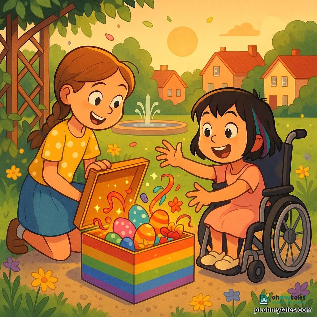 Duas meninas de 8 anos: Lara, cabelo castanho claro em trança, camiseta amarela e saia azul, ajoelhada à esquerda da caixa arco-íris segurando a tampa com sorriso maravilhado; Sofia, cabelo curto preto com mecha colorida, vestido rosa claro, sentada numa pequena cadeira de rodas à direita da caixa, estendendo a mão para ovos de Páscoa brilhantes; num pequeno parque de bairro ao fim da tarde com grama aparada, trepadeira fazendo sombra, flores silvestres ao redor e casas coloridas ao fundo, caixa pintada em arco-íris sobre cascalho fino; as meninas abrem a caixa revelando ovos coloridos, fitas e pequenos presentes, luz quente do pôr do sol ilumina os rostos, pétalas flutuando no ar, expressões de alegria e surpresa, composição centrada na caixa e nas mãos alcançando os tesouros.