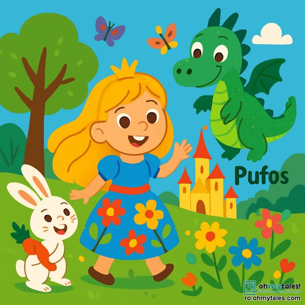 Prințesa Sofia, o fetiță cu părul lung și auriu, poartă o rochie colorată cu motive florale. Are un zâmbet larg și vesel pe față, exprimându-și entuziasmul. Lângă ea, un iepuraș alb, cu ochi strălucitori și urechi lungi, sare de bucurie, ținând un morcov portocaliu. Un dragon verde, pe nume Pufos, cu solzi strălucitori și ochi mari, îi observă prietenos, plutind ușor deasupra solului. Scena are loc într-o grădină fermecată, plină de flori colorate, copaci înalți și fluturi dansând. În fundal, se vede un castel strălucitor cu turnuri care ating cerul, strălucind în razele soarelui. Sofia, împreună cu iepurașul și dragonul, se bucură de o aventură veselă căutând un morcov magic pierdut, iar atmosfera este plină de magie și prietenie.