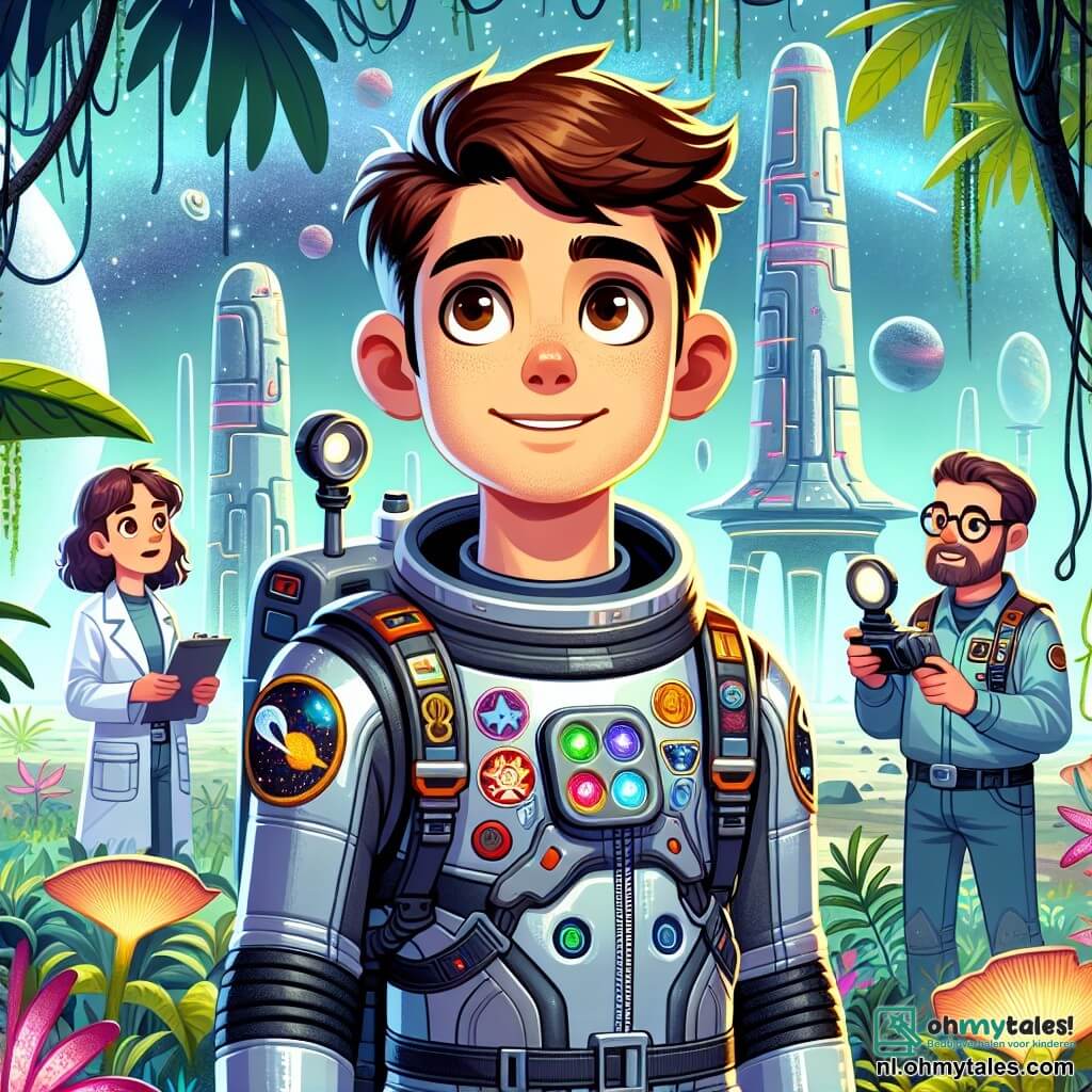 Een mannelijke astronaut, Marcus, staat in het midden van de scène met een verwonderde blik op zijn gezicht. Hij draagt een glanzend ruimtepak, versierd met kleurrijke patches van sterren en planeten. Zijn bruine haar is een beetje in de war en zijn ogen stralen van opwinding terwijl hij naar een oude buitenaardse ruïne kijkt, omringd door weelderige vegetatie. Naast hem staat Sam, een 25-jarige man met kort haar en een goed verzorgde baard, die een futuristische camera vasthoudt. Hij glimlacht, klaar om het moment vast te leggen, en staat iets op de achtergrond, bewonderend naar de ontdekking. Dr. Mei, een vrouw van ongeveer 30 jaar met ronde bril en lang haar in een paardenstaart, onderzoekt grondmonsters met een kleine schep, geconcentreerd op haar taak. De setting is een levendige buitenaardse jungle, met felle kleuren planten, luminescente bloemen en reusachtige bomen met spiraalvormige stammen. Op de achtergrond staat de oude ruïne majestueus, bedekt met lianen en mysterieuze symbolen, verlicht door een zachte gloed van de planeet. De hoofdscène toont Marcus en zijn team die de ruïnes ontdekken, gefascineerd door de hologrammen die voor hen activeren en beelden onthullen van een oude beschaving, terwijl een zachte bries de bladeren om hen heen laat dansen.