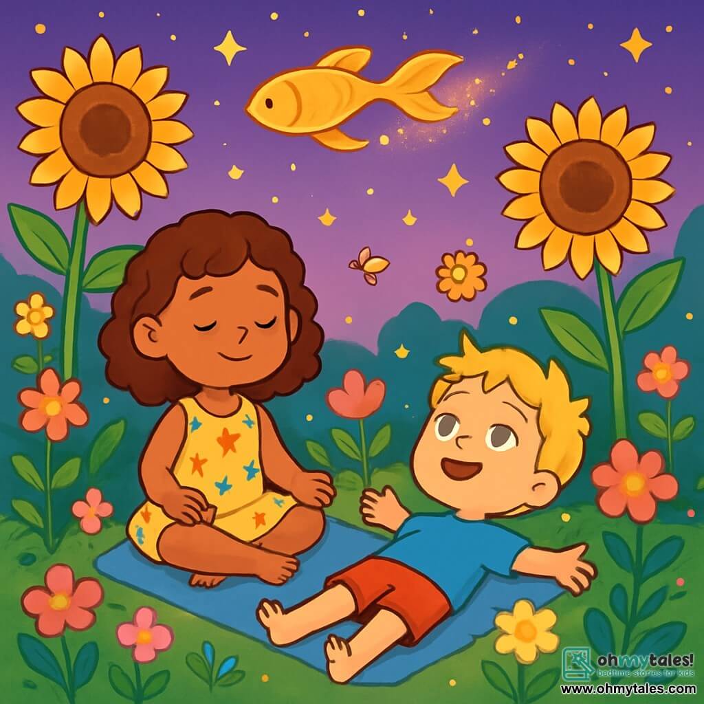 There are 2 main characters: Olivia, a 6-year-old girl with curly brown hair wearing a light floral dress, sitting cross-legged on a soft rug with a peaceful smile; and Max, a 6-year-old boy with blonde hair and sparkling eyes, dressed in a blue t-shirt and shorts, lying on his back with arms open, gazing at the starry sky in wonder. The setting is a secret garden filled with colorful, fragrant flowers, with tall golden sunflowers surrounding them and fireflies shimmering in the twilight air. The sky is a soft purple dotted with bright stars that illuminate the scene with a soothing light. The main situation shows Olivia and Max taking deep breaths, lying on a plush rug surrounded by flowers and soft light, relaxing like little floating fish in the air, with a goldfish gracefully swimming above them, leaving a trail of sparkling light.