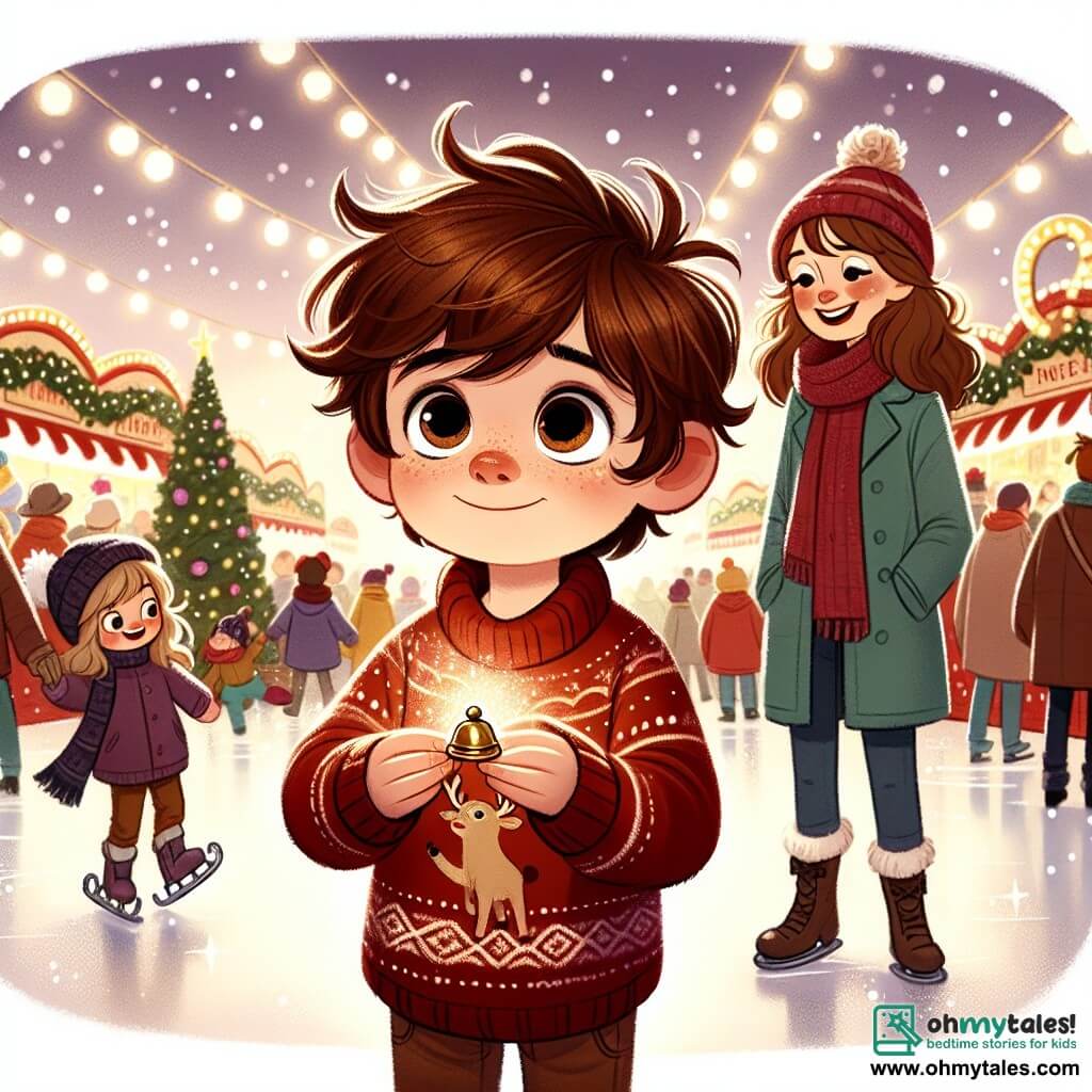 A 5-year-old boy named Oliver, with messy brown hair and big, curious eyes, stands at the center of the scene holding a small magic bell. His face is lit up with a delighted smile, and he wears a red sweater with a reindeer pattern and a wool hat. Next to him is his mother, a woman in her thirties with long brown hair and a warm smile, looking at Oliver with pride. She wears a blue coat and holds a cup of hot chocolate, slightly stepping back to admire her son's wonder. The scene takes place in a lively Christmas market filled with colorful stalls decorated with twinkling lights and gentle snowflakes falling from the sky. Joyful families move around them, and children laugh while skating on a sparkling rink. Oliver, with the bell in hand, is about to make a magical wish, surrounded by the festive and warm atmosphere of the Christmas market, as golden lights illuminate his face, creating a sense of joy and magic.