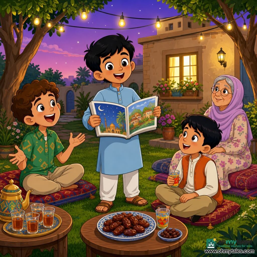 Four characters: Sami, a c.9-year-old boy with short black hair and olive skin in a light blue tunic holding an open illustrated book, standing center on a lawn; Adam, a c.9-year-old boy with curly brown hair in a patterned green shirt, laughing with open hands to Sami’s left; Yusuf, c.8, smooth black hair, wearing an orange vest and beige pants, holding a small glass of juice to Sami’s right, looking at him with admiration; Grandmother, c.65, gray hair in a bun, pastel hijab and floral dress, seated on a cushion behind them smiling and attentive. Setting: house garden at dusk with green lawn, string lights between trees, colorful rugs, low wooden tables with plates of dates and tea glasses, beige house with a lit window and soft violet sky. Main scene: post-iftar sharing—three boys telling stories to gathered family; warm, joyous atmosphere with Sami reading, Adam gesturing and laughing, Yusuf raising his glass; warm garland lights, vivid colors, exaggerated 1990s cartoon expressions.
