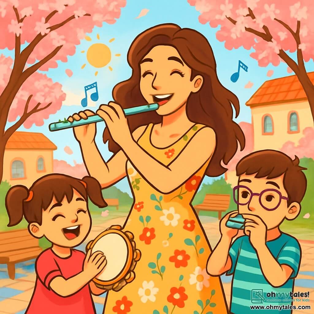 A woman named Elara, in her thirties with long wavy hair, wearing a light floral dress, plays the flute with a radiant smile, her eyes shining with passion and joy. Around her, a group of children, including a 7-year-old girl named Lily with pigtails and a pink dress, joyfully claps on a tambourine, and an 8-year-old boy named Oliver with glasses and a striped t-shirt plays an harmonica, both captivated by the music. The scene takes place in a charming village square surrounded by flowering cherry trees, with wooden benches and colorful cobblestones, where the sun shines and flower petals gently fall around them. The main situation shows Elara guiding the children in creating a joyful melody, their faces lit up with excitement, while musical notes float in the air, creating a magical and festive atmosphere.