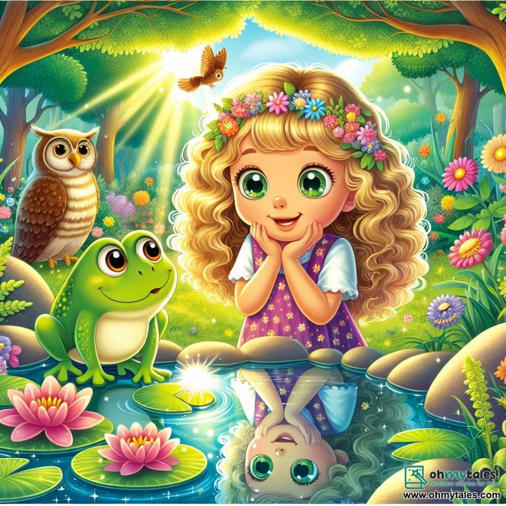 An 8-year-old girl named Lily, with golden curly hair, stands by a shimmering pond. Her eyes sparkle with wonder and curiosity as she gazes at her reflection in the water, a radiant smile lighting up her face. Next to her, a small green frog named Momo, with big round eyes and a friendly expression, sits on a lily pad, encouraging her with a mischievous look. In the background, a wise owl perched on a tree branch watches the scene with twinkling eyes, its soft feathers contrasting with the green leaves. The setting is a magical garden filled with colorful flowers and sunlight filtering through the trees, creating dancing shadows on the ground. The pond is surrounded by smooth stones and aquatic plants, adding serenity to the enchanted atmosphere. The main scene shows Lily, amazed, contemplating her reflection while Momo talks to her about the importance of listening and self-discovery, creating a magical moment of connection between them.