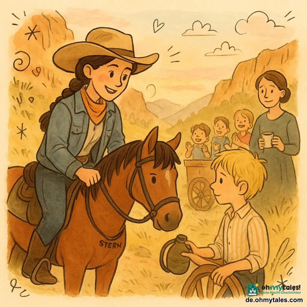 Eine selbstbewusste, lächelnde junge Cowgirl mit geflochtenen braunen Haaren, weitem beigen Lederhut, abgetragener Jeansjacke und staubigen Stiefeln sitzt auf ihrem Braunen namens Stern, hält mit einer Hand die Zügel und reicht mit der anderen eine Wasserschlauch; ein etwa 12-jähriger Junge (Tom) mit zerzaustem blondem Haar und schüchtern-dankbarem Gesicht in gestreiftem Hemd hilft, ein Wagenrad zu montieren und steht vorne rechts neben dem offenen Wagen, knapp dahinter die ruhige Mutter (ca. 30–35 Jahre) mit zusammengebundenen Haaren und einer kleinen Tasse, während mehrere Kinder (4–6 Jahre) lachend und klatschend im Wagen sitzen; Szene auf einem Bergpass bei Sonnenuntergang mit ockerfarbenen Klippen, schmalem Erdpfad, gelben Wiesen und geneigten Gräsern im Wind, goldenes Licht und warme, helfende Gesten, Komposition zentriert auf Pferd und geteilte Feldflasche.