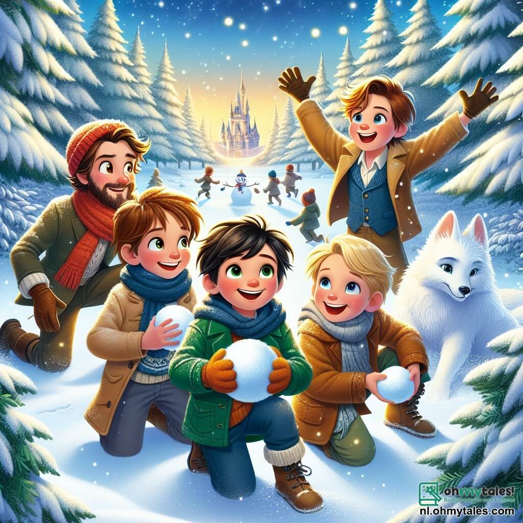 In een magische winterscène staan vier jongens in het midden van de compositie. Thomas, 10 jaar, heeft rommelig bruin haar en draagt een felrode muts. Hij glimlacht vrolijk terwijl hij een sneeuwbal vasthoudt. Joris, ook 10 jaar, heeft blond haar en draagt een blauwe sjaal. Hij lacht terwijl hij zijn armen omhoog steekt, klaar om een sneeuwbal te gooien. Sam, 9 jaar, heeft kastanjebruin haar en draagt een groene jas. Hij zit op zijn hurken en vormt een sneeuwbal. Ten slotte is Lucas, de kleinste met 8 jaar, met zwart haar en een gele jas. Hij kijkt verwonderd naar een prachtige witte vos die naast hem staat. De achtergrond is een betoverd winterbos met majestueuze bomen bedekt met glinsterende sneeuw. De grond is bedekt met een dikke sneeuwlaag en sneeuwvlokken vallen zachtjes uit de heldere blauwe lucht. In de verte is een verlichte open plek te zien waar de zon door de takken schijnt. De jongens spelen in de sneeuw, omringd door magie en gelach, terwijl de witte vos hen nieuwsgierig observeert, wat een sfeer van vreugde en winteravontuur creëert.