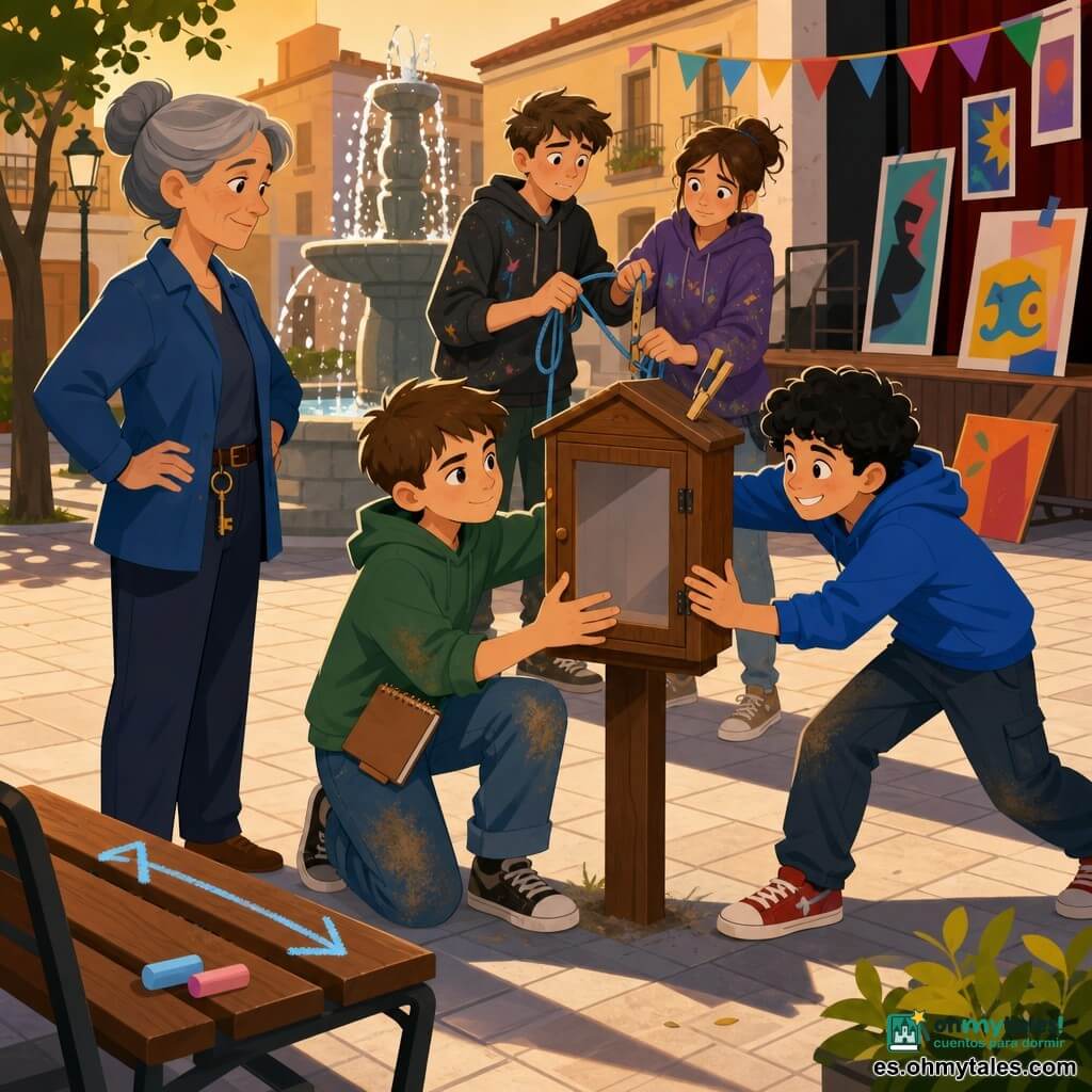 Un niño de 12 años, Mateo, rostro concentrado y seguro, pelo castaño corto, rodillas algo manchadas, sostiene una libreta marrón y coloca la caja de anuncios de madera en su sitio, agachado; a su derecha, ligeramente detrás, Nico, también de 12 años, de expresión alegre y traviesa y cabello negro rizado, sujeta un paquete de gusanitos y ayuda a empujar la caja; a la izquierda, la bibliotecaria de unos 50 años, con rostro amable pero serio, pelo gris recogido, chaqueta azul y una gran llave en la cintura, vigila y tranquiliza la escena; al fondo, un chico y una chica adolescentes del grupo de teatro (14–15 años), algo avergonzados, con ropa informal manchada de tiza y rotulador, sostienen una cuerda azul y una pinza de madera para ayudar; la plaza del barrio tiene suelo de losas claras, una fuente baja con agua brillante en el centro, un banco delantero con una flecha azul dibujada a la tiza y carteles coloridos junto al pequeño escenario; es el momento de devolver la caja de anuncios: gesto cooperativo y sensación de responsabilidad, luz suave de tarde, tonos cálidos y contrastes marcados.