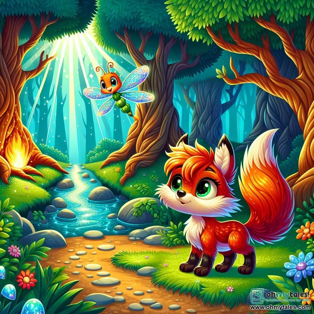 An illustration depicts a young fox with vibrant orange and red fur, its eyes shining with curiosity and excitement. It stands on a forest path, determined to venture into the mysterious woods. Nearby, a small dragonfly with opalescent wings joyfully flits around, encouraging the fox in its quest. The setting is an enchanted forest with majestic, gnarled trees and bright green leaves illuminated by sunlight filtering through the foliage. A crystal-clear stream winds through the ground, adding a touch of magic. The main scene shows the young fox preparing to follow the stream, determined to find the legendary moonstone, with the dragonfly ready to assist in its adventure. Additional elements include colorful flowers scattered on the ground, dancing light patterns on the water, and a light, mysterious fog enhancing the magical atmosphere.