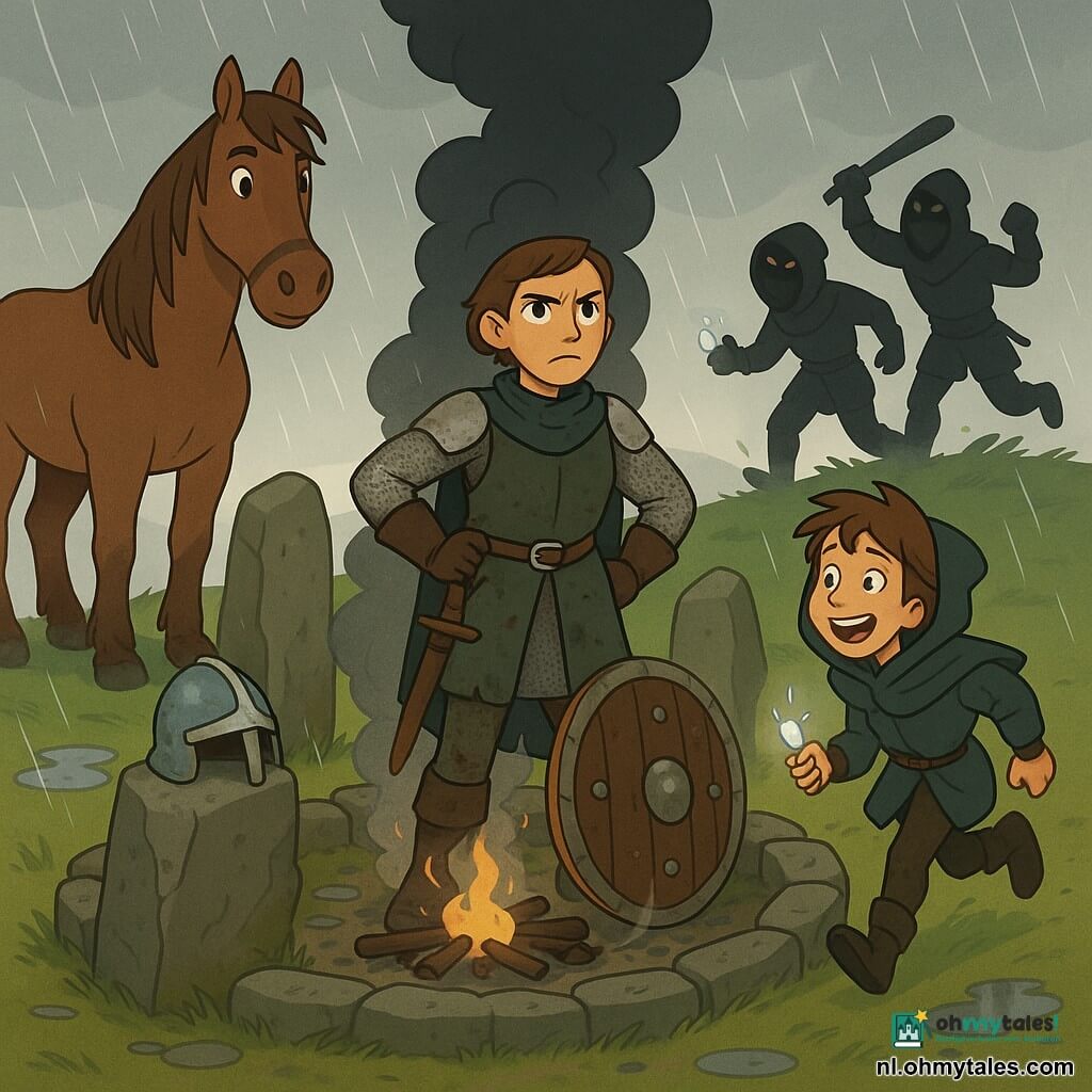 Ruiterstrijdster Alix, geconcentreerd en vastberaden, staat in het midden van een kleine stenen kring bij een pruttelend signaalvuur, draagt licht modderige maliënkolder, donkergroen tabard en heeft een helm op een steen, houdt een groot genageld rond schild voor het vuur en een korte zwaard aan haar gordel; Ties, ongeveer 11 jaar, met warrig haar en te grote capuchon, rent van rechts binnen, hijgend en blij met een klein glanzend zilveren sieraad in de hand en kijkt naar Alix; Merrin, een brede vosbruine hengst met modderige hoeven en windverstoorde manen, staat links achter haar met oren gespitst; twee gemaskerde rovermannen in donkere leren kappen dalen rechts de heuvel af, de één met touw, de ander met een knots, dreigende silhouetten die achteruit wijken; locatie: een blote, winderige Wachtheuvel met een onregelmatige kring oude door vuur zwartgeblakerde stenen, nat kort gras, plasjes en nat hout, grauwe lage wolken; situatie: Alix beschermt het vervaarlijk rokende signaalvuur dat een dikke zwarte rookkolom naar de horizon stuurt, de regen spettert het vuur en creëert spanning tussen de opstijgende rook en de oprukkende rovers.