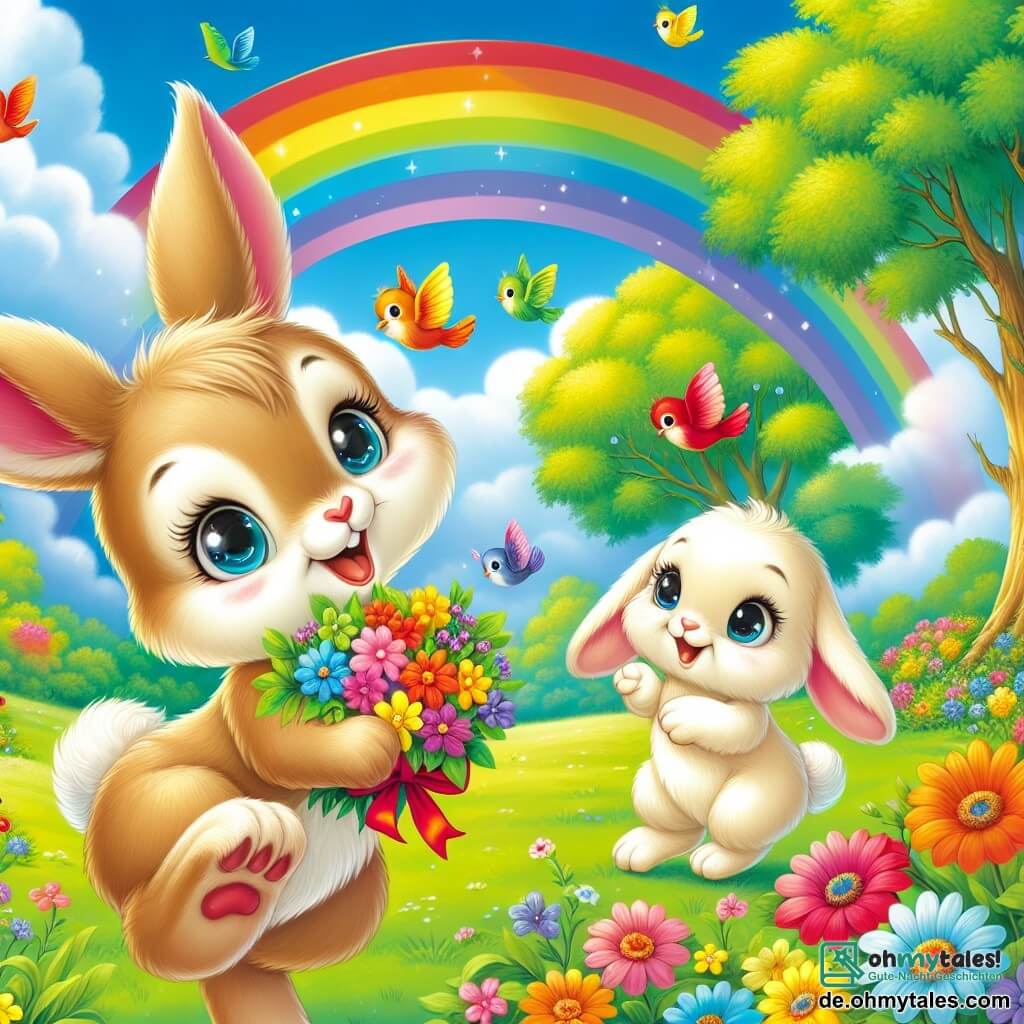 Ein junger Hase mit großen Ohren und weichem, hellbraunem Fell springt fröhlich unter einem wunderschönen Regenbogen, mit funkelnden Augen vor Aufregung und einem breiten Lächeln im Gesicht. Er hält eine kleine Krone aus bunten Blumen in seinen Vorderpfoten, bereit, den Muttertag zu feiern. Neben ihm schaut eine Mama-Hase mit cremefarbenem Fell, sanften und liebevollen Augen, stolz und zärtlich auf ihr Kleines, ein leichtes Lächeln erhellt ihr Gesicht. Eine Gruppe bunter Vögel, die auf einem nahegelegenen Ast sitzen, singt fröhlich und trägt zur festlichen Stimmung bei, ihre Federn leuchten in Rot, Blau und Gelb. Die Szene spielt in einer grünen Lichtung, umgeben von majestätischen Bäumen mit strahlenden Blättern und wilden Blumen, die im Wind tanzen. Der Himmel ist leuchtend blau, mit flauschigen weißen Wolken, und die Sonne scheint, was eine warme und fröhliche Atmosphäre schafft. Der junge Hase bereitet eine Überraschung für seine Mama vor, umgeben von seinen tierischen Freunden, die alle zusammen einen wunderbaren und magischen Muttertag feiern.