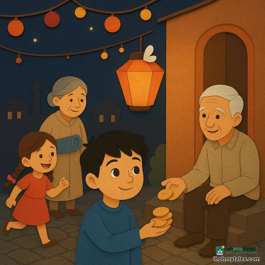 Un ragazzo di 8 anni, viso rotondo, capelli neri spettinati, occhi marroni curiosi, sorride concentrato mentre porge una piccola manciata di biscotti con la mano tesa; una bambina di 5 anni, sua sorella, capelli intrecciati con un nastro rosa, corre guardando indietro, gioiosa, a pochi passi; una nonna di circa 70 anni, pelle rugosa, capelli grigi raccolti in uno chignon, sorride tenendo un piccolo tappeto arrotolato sotto il braccio vicino alla porta di una casa; un anziano di circa 75 anni, capelli bianchi e abito semplice, seduto sul bordo dei gradini della moschea, accetta un biscotto con gratitudine vicino al ragazzo; luogo: una piccola piazza di quartiere di notte, pavè, lanterne colorate e fili di luci, una moschea con un piccolo minareto sullo sfondo; situazione: il ragazzo offre un biscotto a un bambino bisognoso mentre una grande lanterna illumina la scena e una delicata farfalla bianca si posa sulla lanterna, creando un momento calmo e magico; colori: toni caldi (arancio, ambra, rosso) per le lanterne, accenti blu notte e crema per i vestiti; stile visivo: forme semplici, contorni da ritaglio, strati di carta visibili, contrasti morbidi ed espressioni ben leggibili.