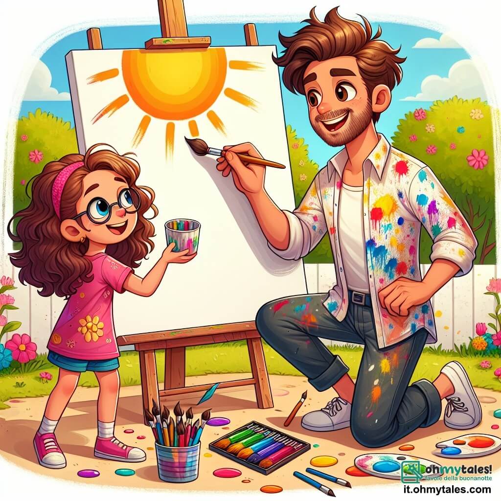 Un uomo di nome Marco, artista di circa trent'anni, si trova al centro dell'immagine, con capelli castani leggermente arruffati e una barba di qualche giorno. Indossa una camicia colorata piena di macchie di vernice e un sorriso radioso sul volto, che esprime la sua gioia e ispirazione. Marco sta disegnando su una grande tela, circondato da colori vivaci e pennelli. Accanto a lui c'è Sofia, una bambina di circa 8 anni, con lunghi capelli ricci e una maglietta rosa, accovacciata e con un bicchiere di pastelli colorati. Guarda Marco con ammirazione, pronta a dargli idee per la loro opera. Un ragazzo di nome Luca, anche lui di 8 anni, con occhiali e una maglietta blu, è in piedi un po' più lontano, mentre disegna un grande sole con un sorriso sul volto. La scena si svolge in un parco soleggiato, pieno di fiori colorati e alberi verdi. Sullo sfondo, un muro bianco aspetta di essere decorato, mentre altri bambini giocano e ridono, creando un'atmosfera gioiosa e creativa. La situazione principale mostra Marco, Sofia e Luca in piena collaborazione artistica, disegnando insieme un giardino magnifico pieno di fiori, animali e un grande arcobaleno, illustrando la magia dell'arte e dell'amicizia.