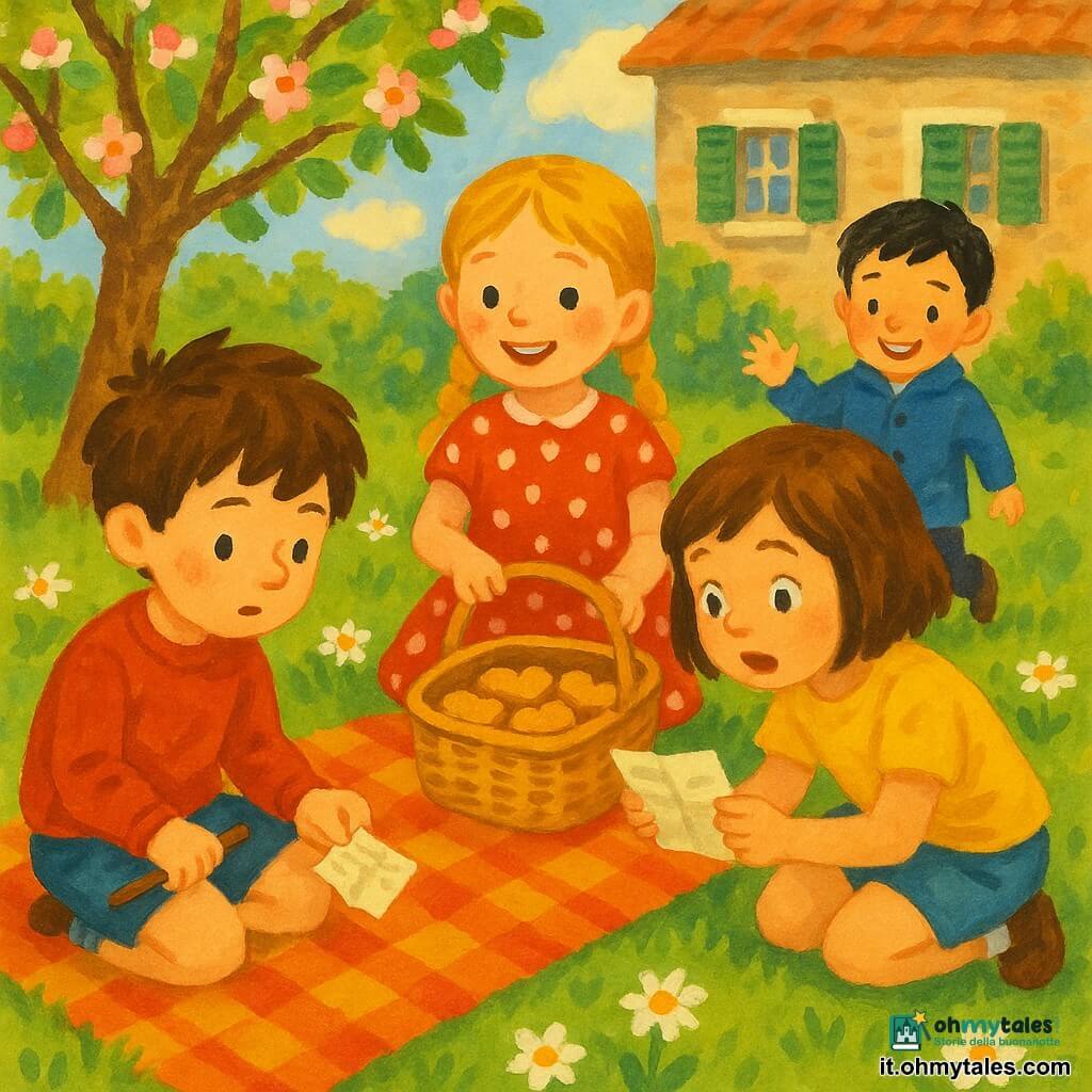 Quattro bambini: Marco, ~8 anni, capelli castani arruffati con una piccola canna di legno in mano seduto a sinistra su una coperta a quadri che guarda curioso un biglietto; Sofia, ~7 anni, trecce bionde e vestito rosso a pois seduta al centro-destra che mostra un cestino da picnic con biscotti; Lucia, ~7 anni, capelli castano corti e maglietta gialla accovacciata a destra che legge il biglietto con occhi sgranati; Tommaso, ~6 anni, capelli neri e piccolo cappotto blu sullo sfondo che si avvicina timidamente sorridendo e alzando la mano. Ambientazione: giardino di paese luminoso con erba e margherite, un melo fiorito a sinistra e una casa di pietra con persiane verdi sullo sfondo, cielo azzurro con qualche nuvola. Situazione: i quattro riuniti attorno a una coperta a quadri con un biglietto stropicciato al centro, sorrisi e gesti di aiuto, atmosfera gioiosa e curiosa, colori caldi e texture tipo gouache, tratti morbidi e contorni leggermente sfumati per un effetto infantile.