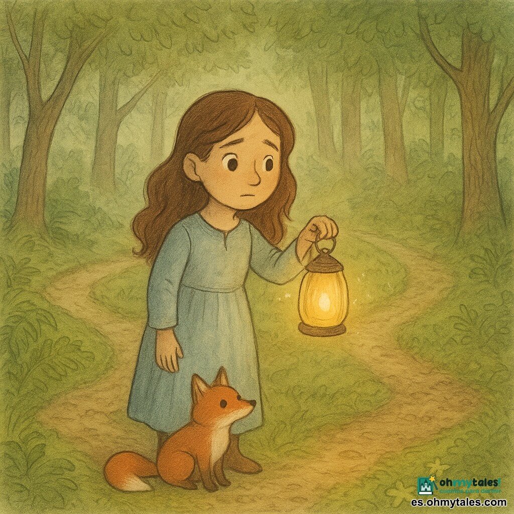 Alba, joven de rostro dulce y sonriente, ojos curiosos y cabello castaño largo ligeramente ondulado, sostiene una pequeña linterna de vidrio que emite una luz amarillo-anaranjada; junto a ella, un pequeño zorro rojo sentado mira la linterna, mientras una luciérnaga brillante deja una estela de polvo luminoso verdoso; están de pie en un cruce cubierto de musgo en una bosque denso y suave con helechos y troncos texturados, y tres senderos: a la izquierda el aire huele a pan con humo y siluetas de tejados de panadería, al centro un sendero que susurra como un arroyo con un hilo de agua visible, y a la derecha uno cubierto de hojas en forma de estrella que brillan ligeramente; Alba duda qué camino tomar, la linterna se intensifica iluminando las texturas del suelo y creando una atmósfera mágica y cálida.