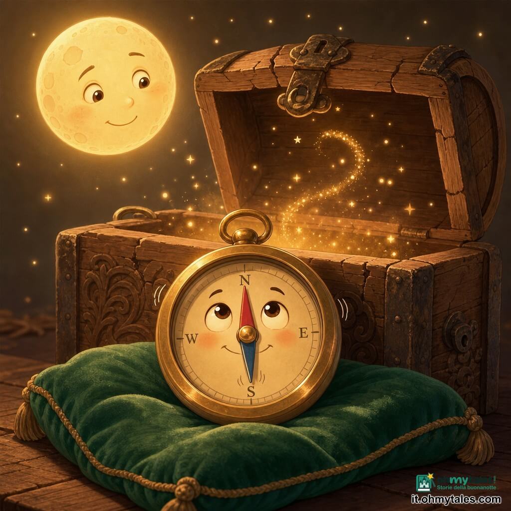 Una piccola bussola in ottone antropomorfizzata, volto rotondo e sorriso timido, ago tremolante e occhi curiosi, posta al centro su velluto verde e rivolta verso l'alto come se ponesse una domanda; una luna rotonda e gialla in alto a sinistra, dal sorriso benevolo e un alone caldo; un vecchio forziere di legno intagliato aperto dietro la bussola che libera polvere dorata e brillante come piccole stelle; ombre morbide e riflessi ramati creano un'atmosfera intima, calma e leggermente magica, scena centrata e contemplativa, colori caldi e pastello, linee morbide, forme semplici e composizione chiara per libro per l'infanzia.
