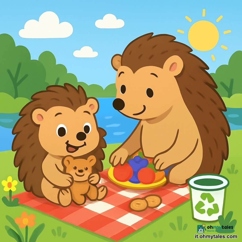 Un piccolo riccio di nome Leo, con un pelo marrone e aculei morbidi, è seduto su una coperta a scacchi rossi e bianchi. Ha un grande sorriso gioioso e occhi brillanti di curiosità. Leo tiene tra le zampe un piccolo peluche a forma di orso di nome Puf, con un volto sorridente e braccia aperte. Accanto a lui, la sua mamma, un riccio più grande con pelo marrone chiaro e occhi benevoli, prepara un picnic con frutti colorati e biscotti. Ha un'espressione dolce e orgogliosa mentre guarda Leo. Il luogo è un magnifico lago circondato da alberi verdi e fogliosi, con fiori selvatici dai colori vivaci che crescono lungo le rive. Il cielo è blu con alcune nuvole bianche e soffici, e il sole splende, creando riflessi scintillanti sull'acqua. La scena principale mostra Leo e sua mamma mentre gustano il loro picnic, circondati dalla bellezza della natura, rispettando l'ambiente raccogliendo i rifiuti.